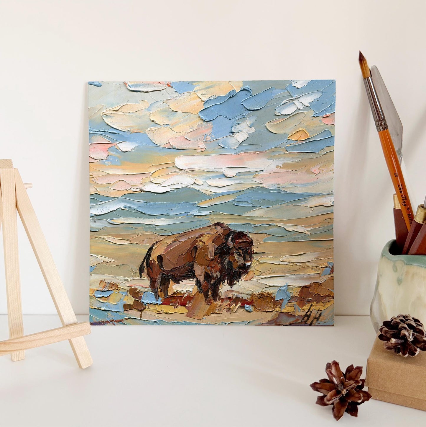 Original Bison Oil Painting Arizona Desert Landscape Impasto Palette Knife Fine Art