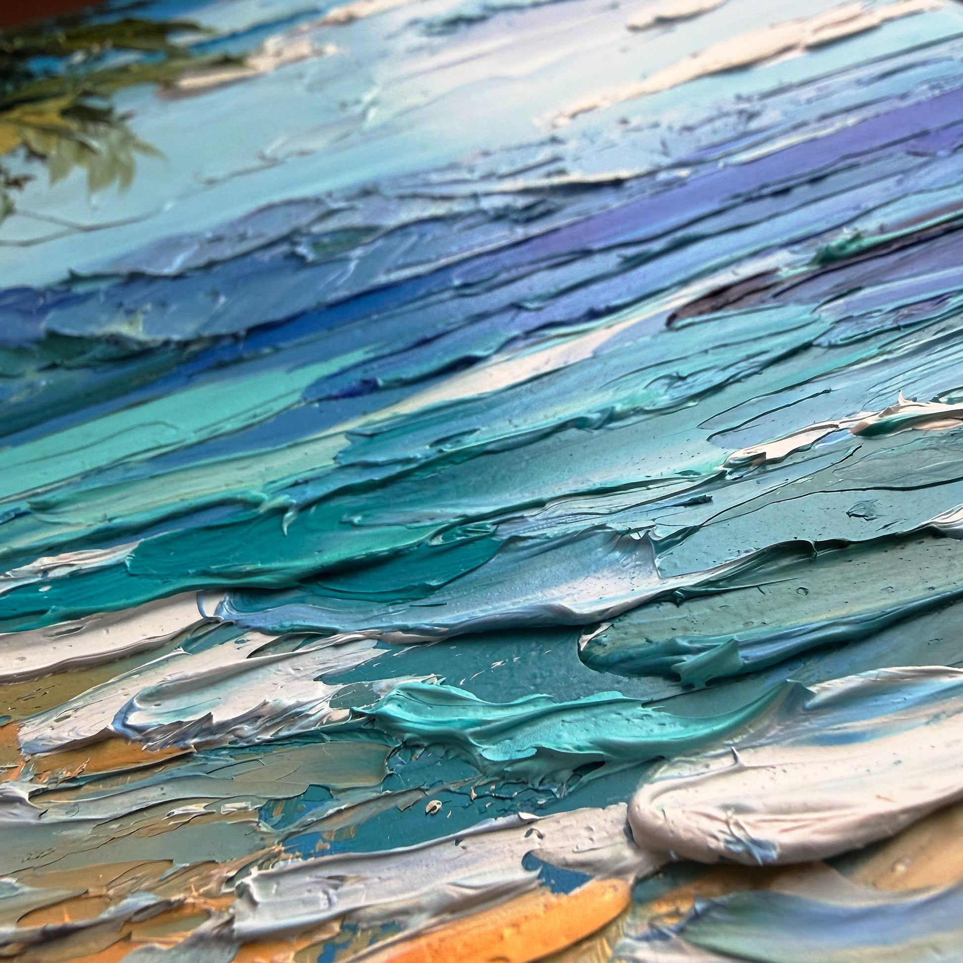 Hawaii oil painting: tropical beach seascape with palm trees in impasto palette knife technique