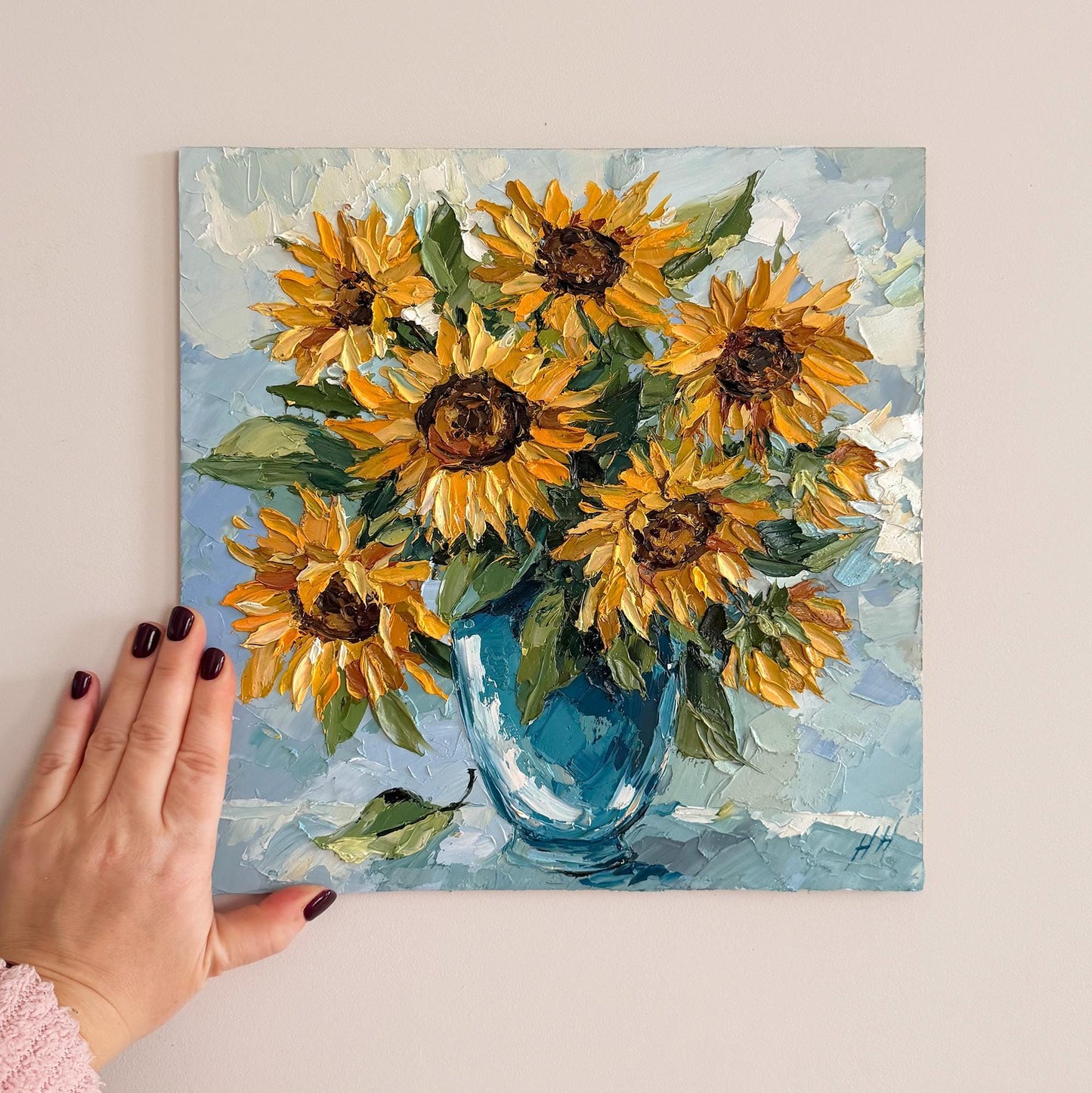 Original Oil Painting sunflower bouquet, Impasto Palette Knife Floral Art, Blue Vase Still Life