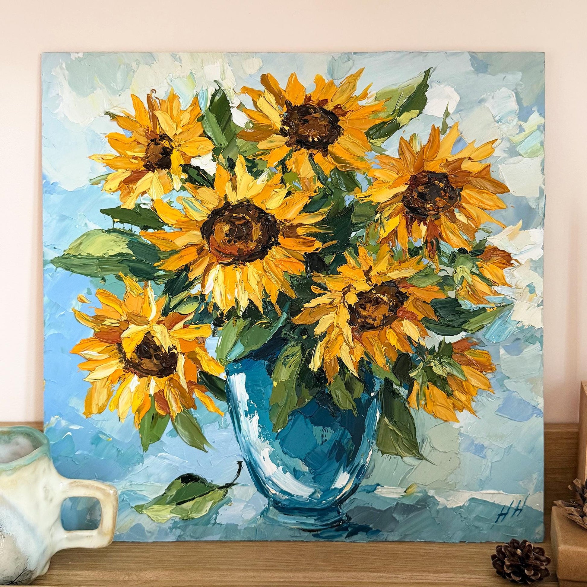 Original Oil Painting sunflower bouquet, Impasto Palette Knife Floral Art, Blue Vase Still Life