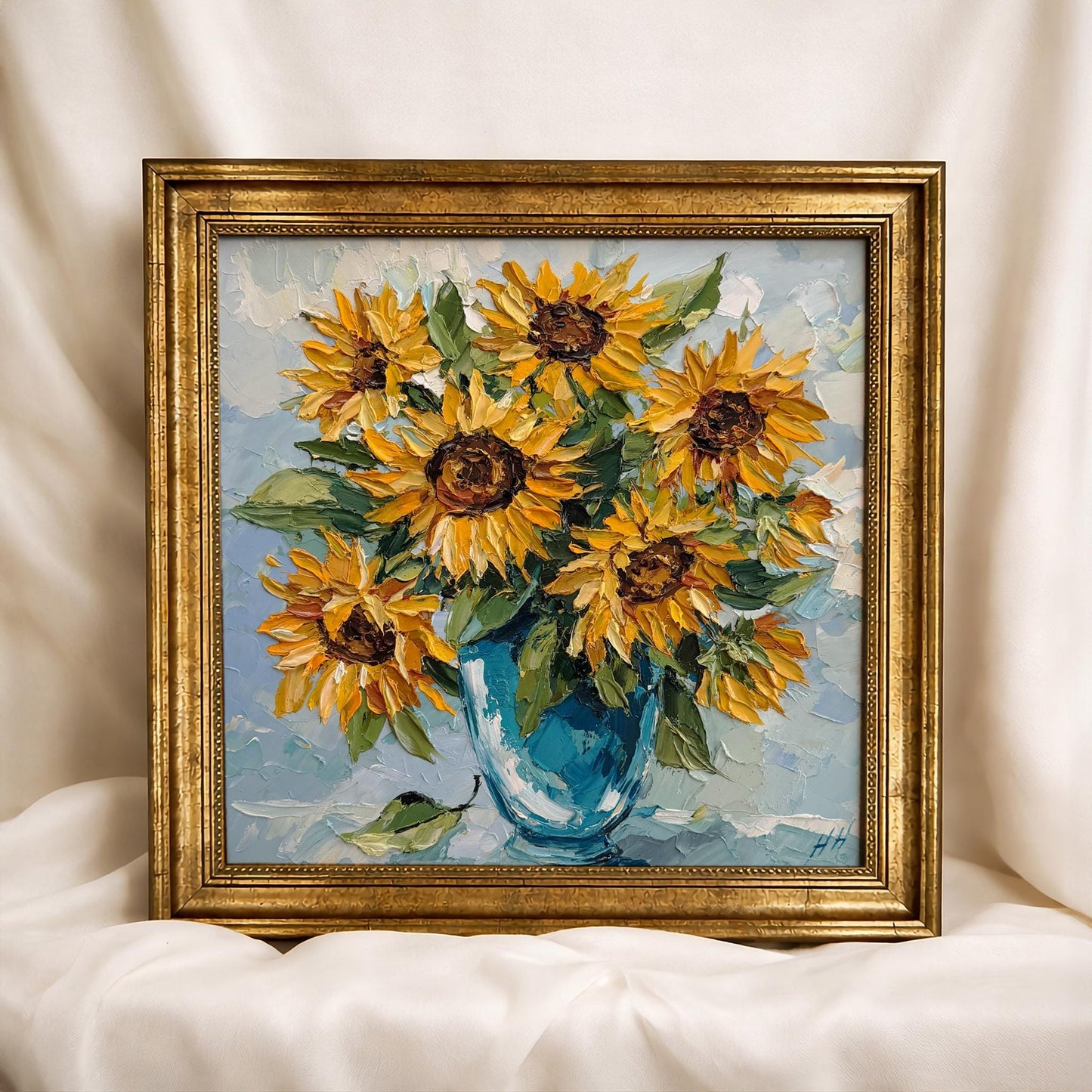Original Oil Painting sunflower bouquet, Impasto Palette Knife Floral Art, Blue Vase Still Life