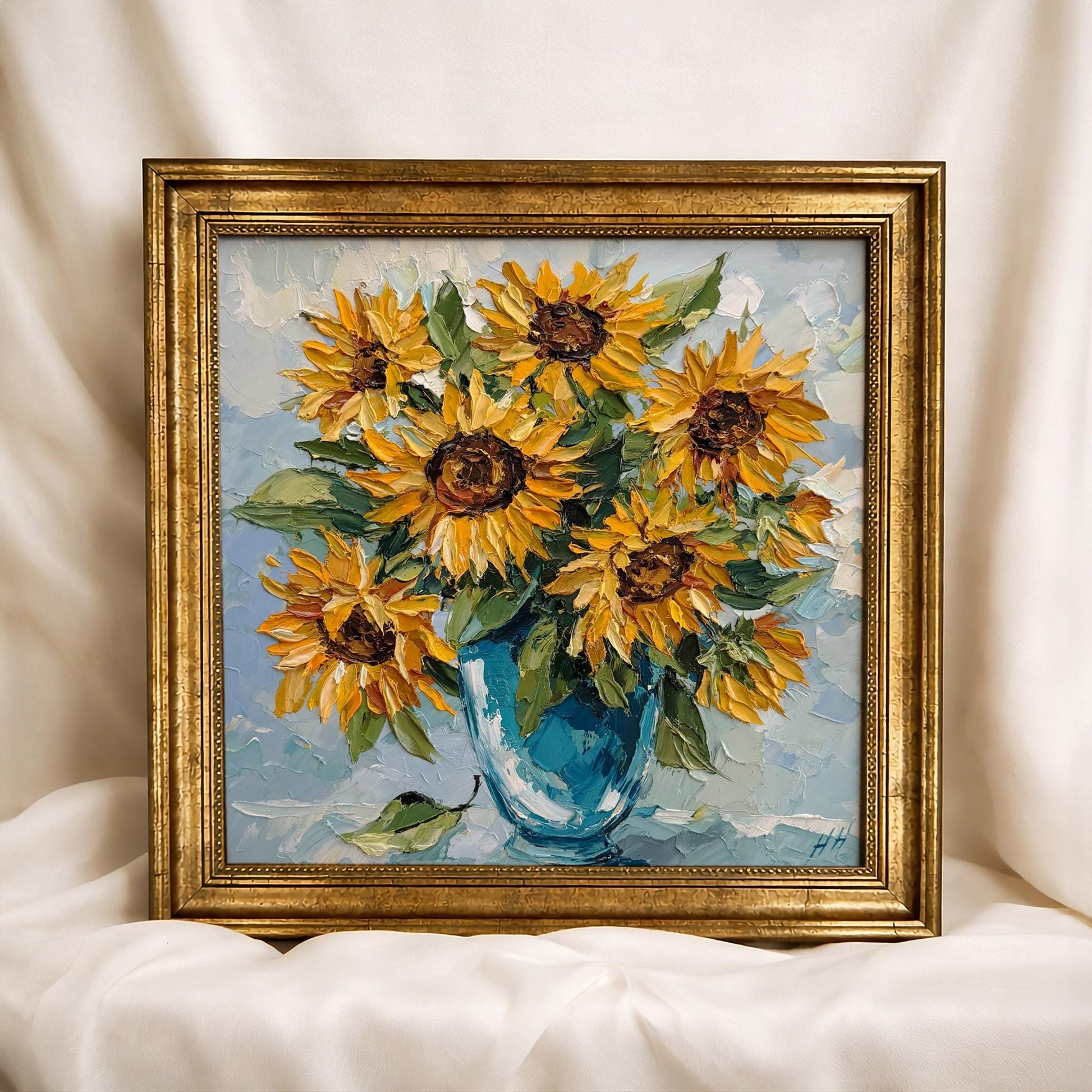 Original Oil Painting sunflower bouquet, Impasto Palette Knife Floral Art, Blue Vase Still Life
