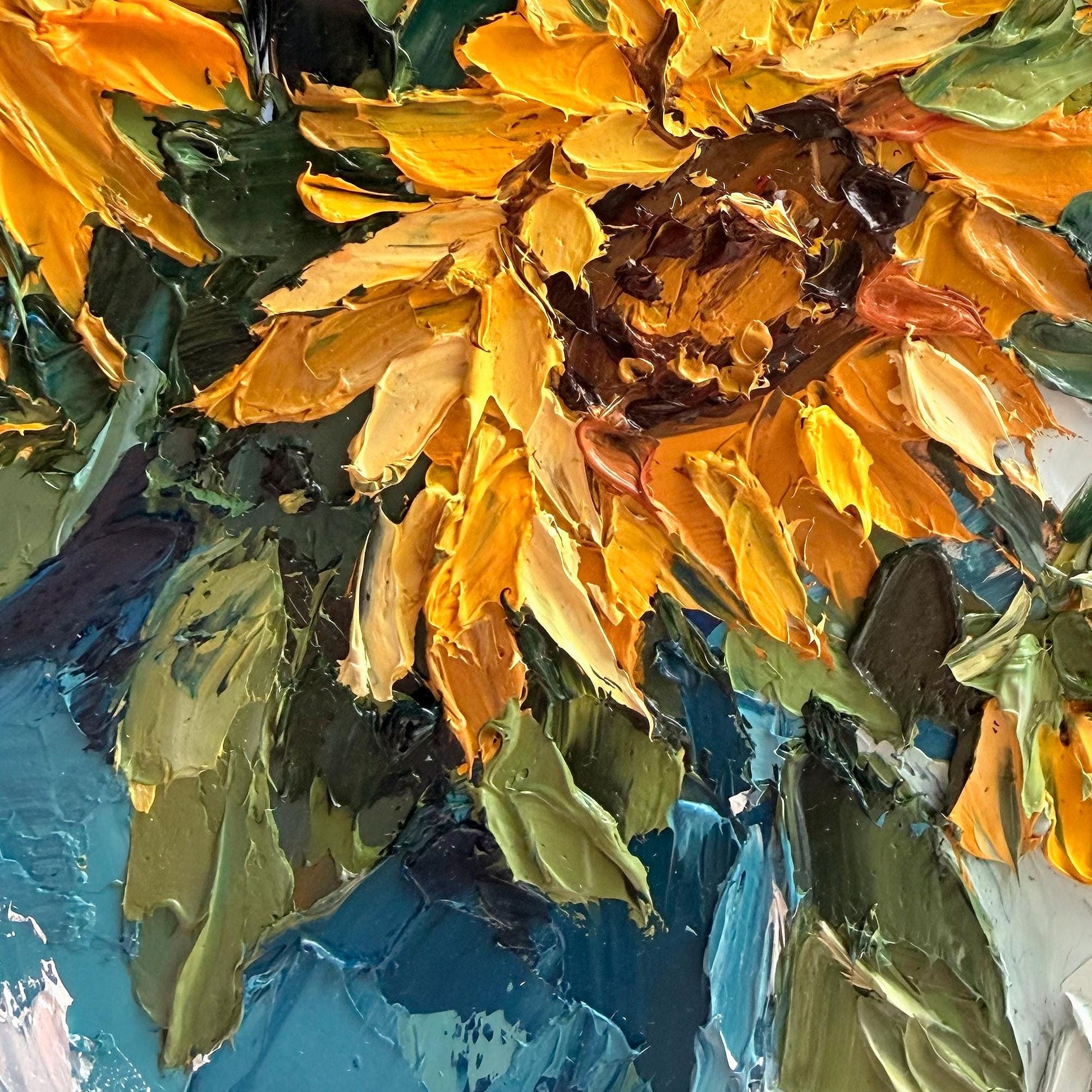 Original Oil Painting sunflower bouquet, Impasto Palette Knife Floral Art, Blue Vase Still Life