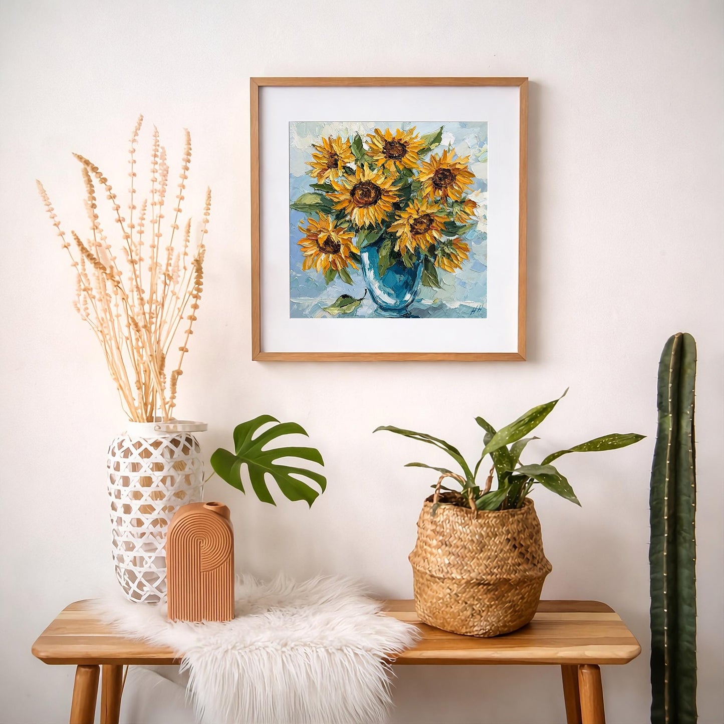 Original Oil Painting sunflower bouquet, Impasto Palette Knife Floral Art, Blue Vase Still Life