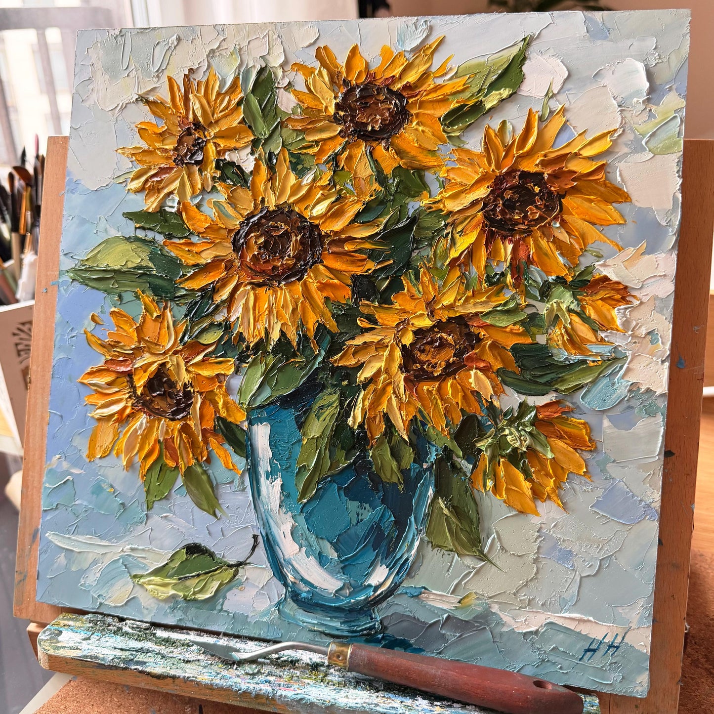 Original Oil Painting sunflower bouquet, Impasto Palette Knife Floral Art, Blue Vase Still Life