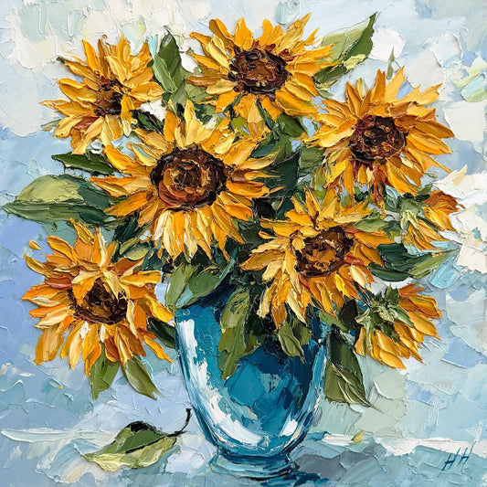 Original Oil Painting sunflower bouquet, Impasto Palette Knife Floral Art, Blue Vase Still Life