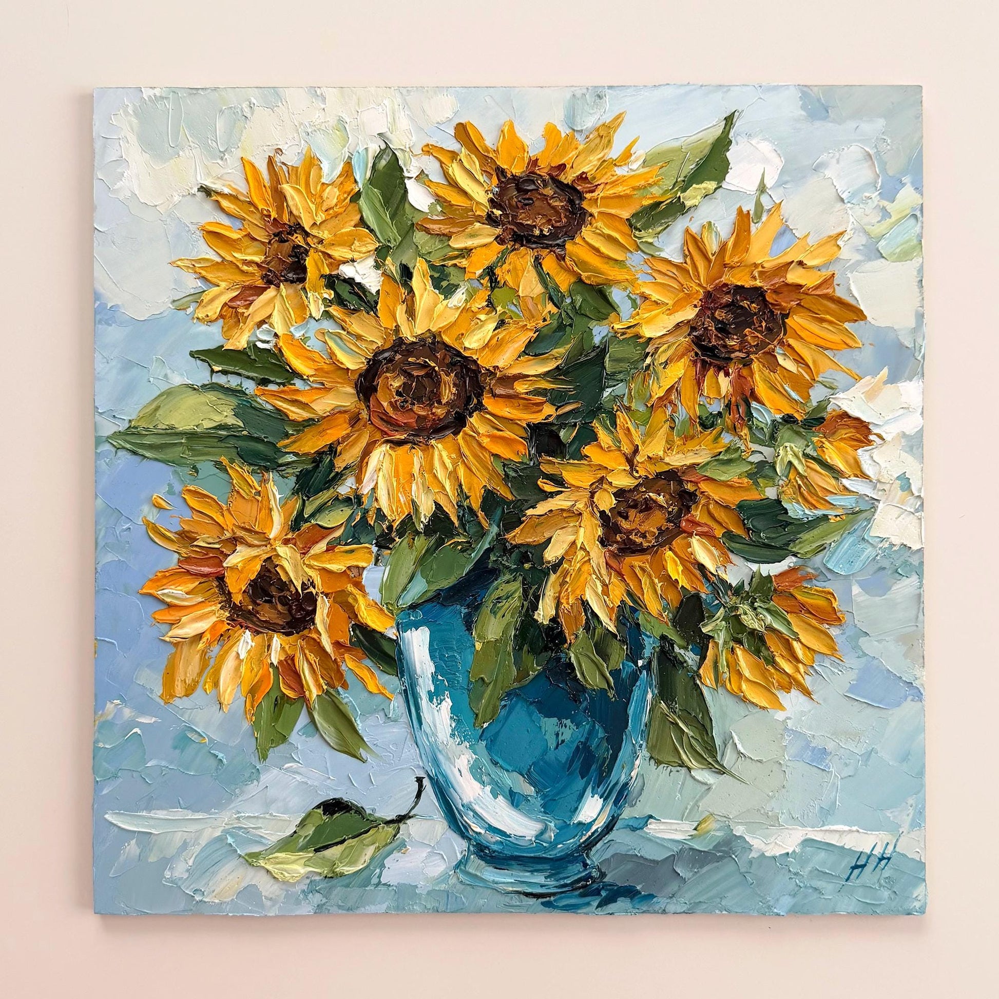 Original Oil Painting sunflower bouquet, Impasto Palette Knife Floral Art, Blue Vase Still Life