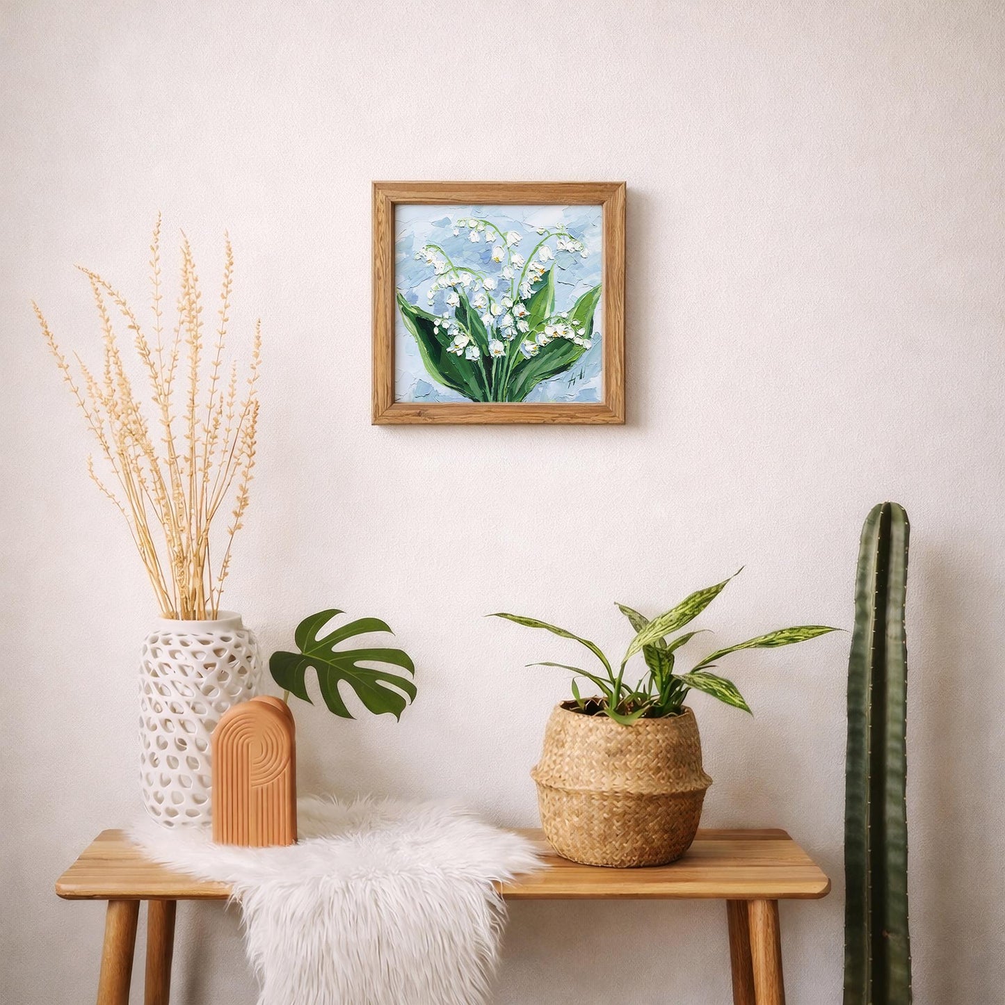 Original Oil Painting Lily of the Valley, Impasto Textured Floral Wall Art Palette Knife
