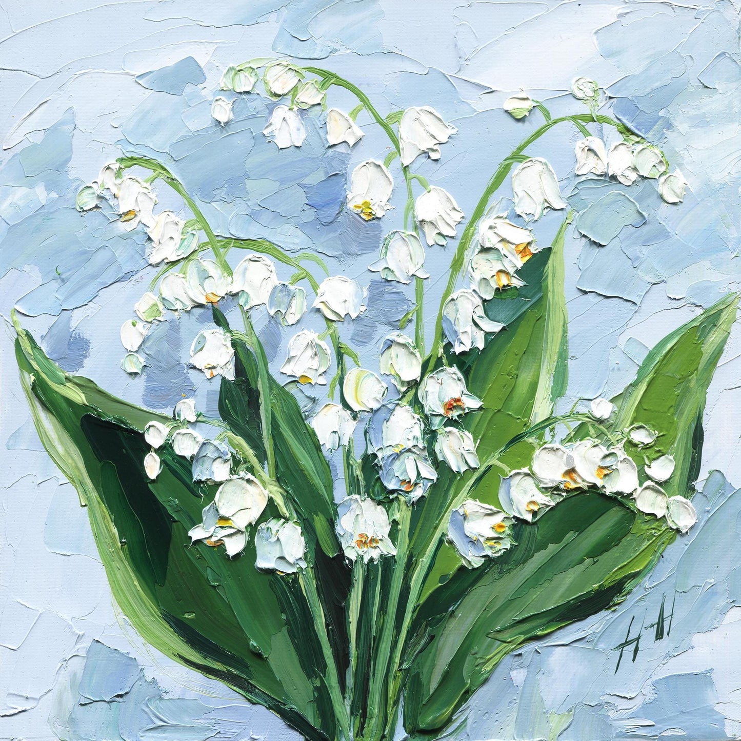 Original Oil Painting Lily of the Valley, Impasto Textured Floral Wall Art Palette Knife