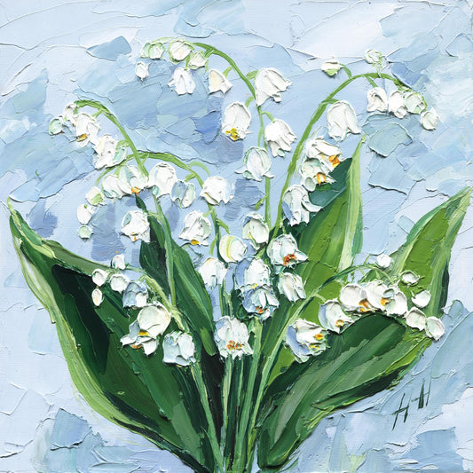 Original Oil Painting Lily of the Valley, Impasto Textured Floral Wall Art Palette Knife