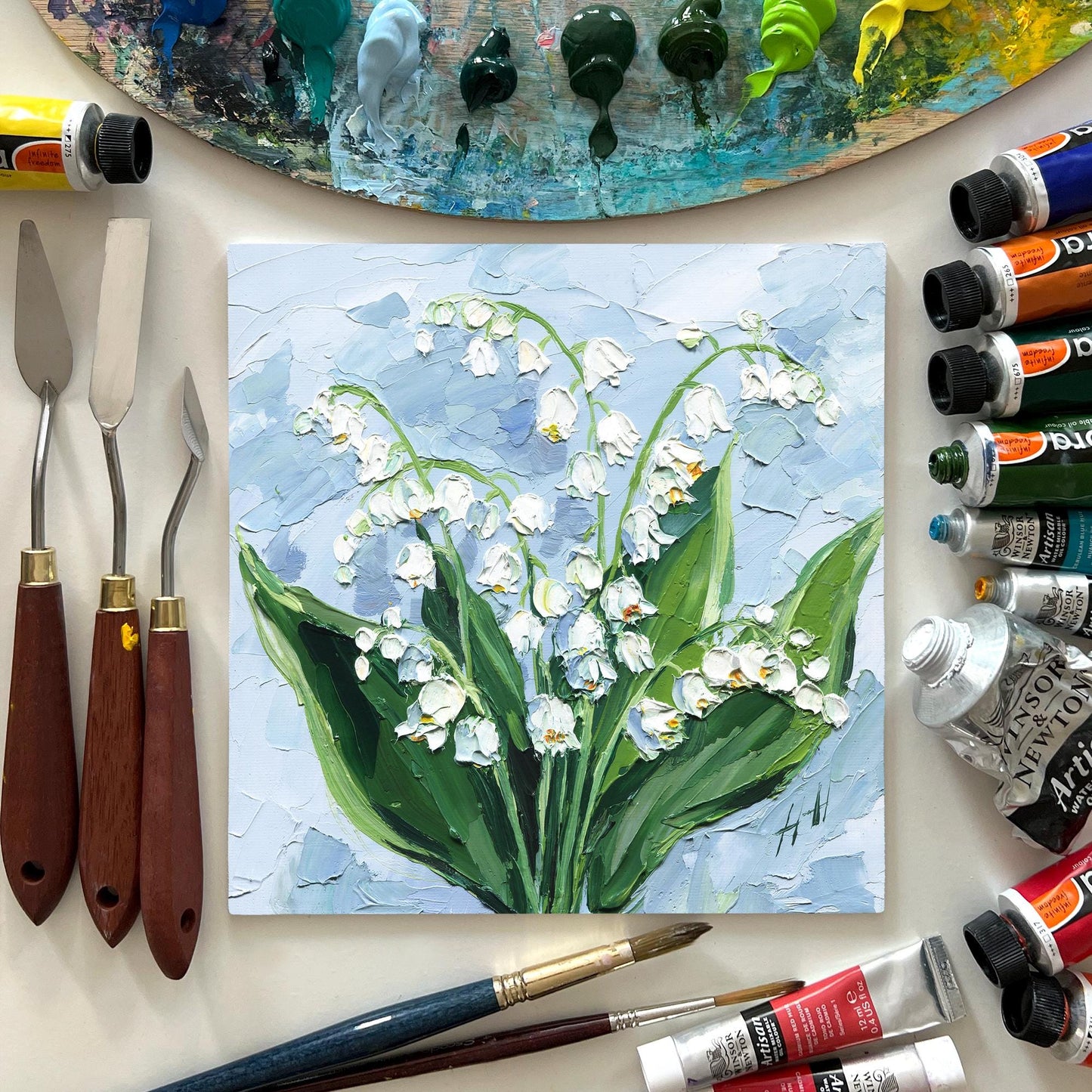 Original Oil Painting Lily of the Valley, Impasto Textured Floral Wall Art Palette Knife