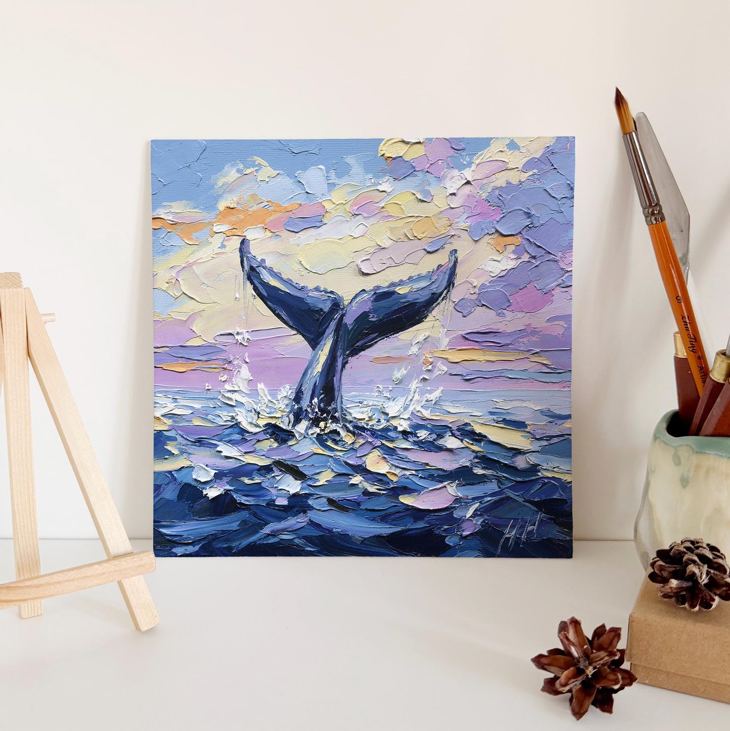 Whale Tail Oil Painting: Palette Knife Textured Ocean Art, Seascape wall decor
