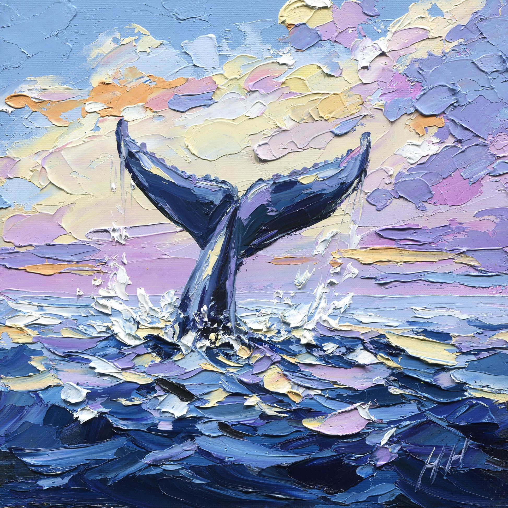 Whale Tail Oil Painting: Palette Knife Textured Ocean Art, Seascape wall decor