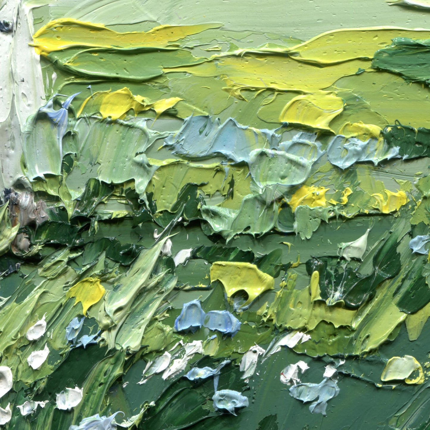 Birch Trees Landscape Original Impasto Oil Painting, Palette Knife Texture, Green Meadow Wall Art