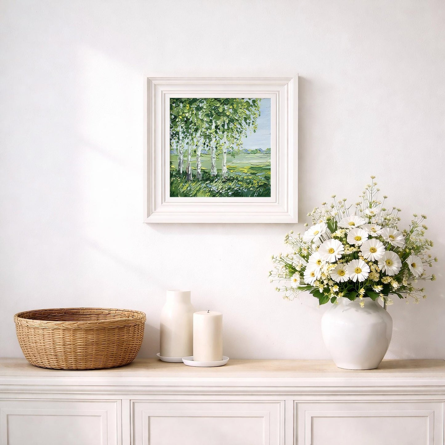 Birch Trees Landscape Original Impasto Oil Painting, Palette Knife Texture, Green Meadow Wall Art