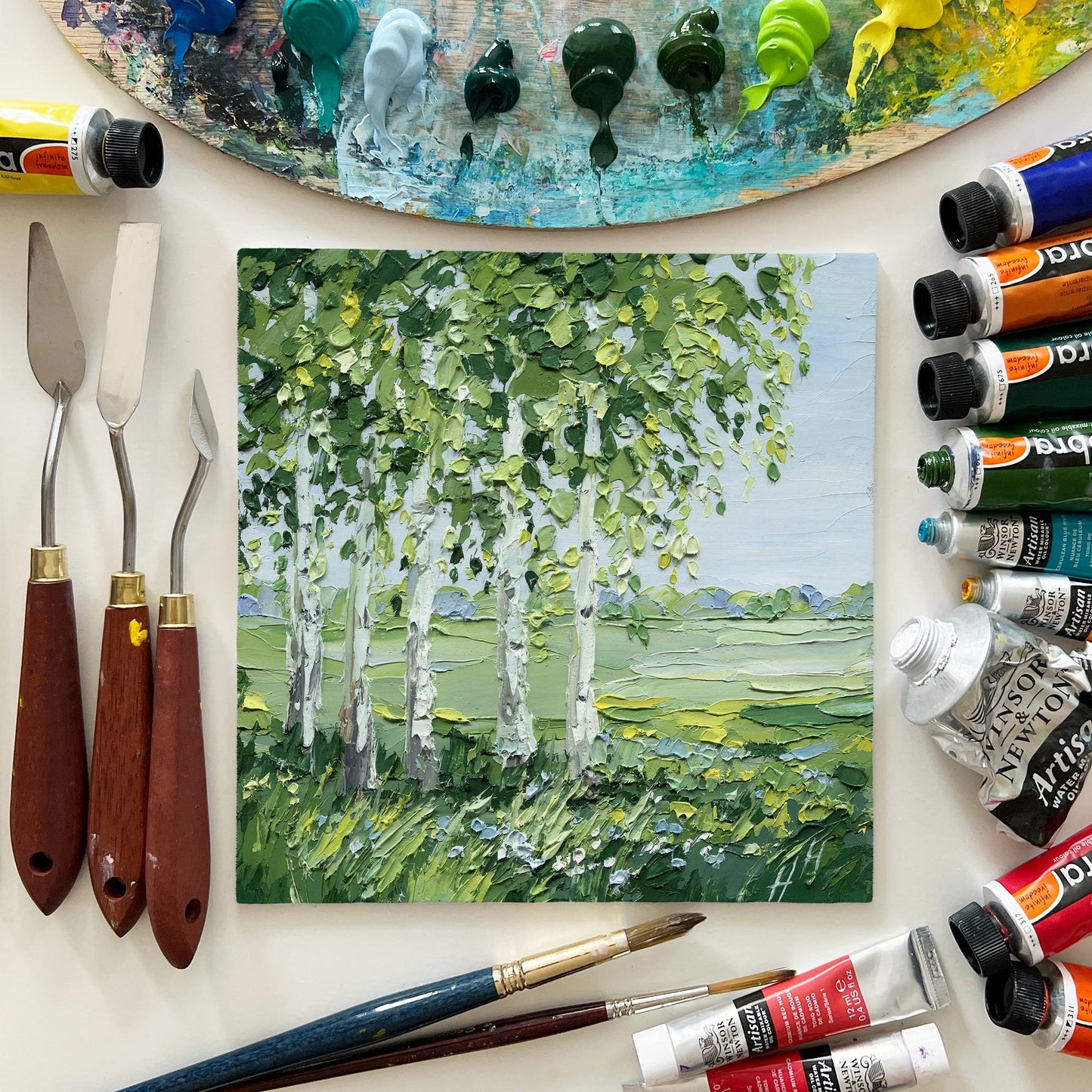 Birch Trees Landscape Original Impasto Oil Painting, Palette Knife Texture, Green Meadow Wall Art