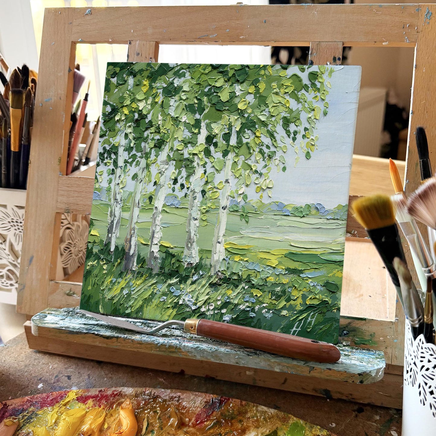Birch Trees Landscape Original Impasto Oil Painting, Palette Knife Texture, Green Meadow Wall Art