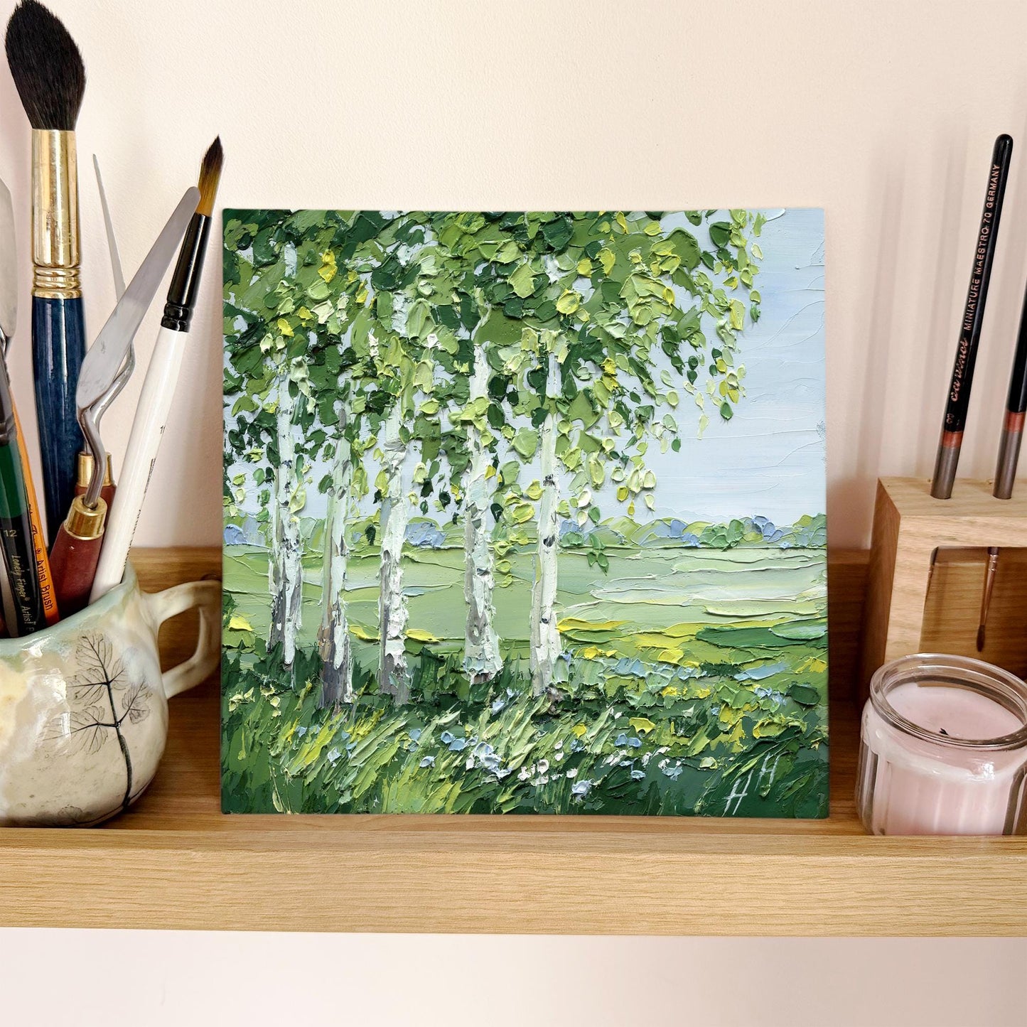 Birch Trees Landscape Original Impasto Oil Painting, Palette Knife Texture, Green Meadow Wall Art