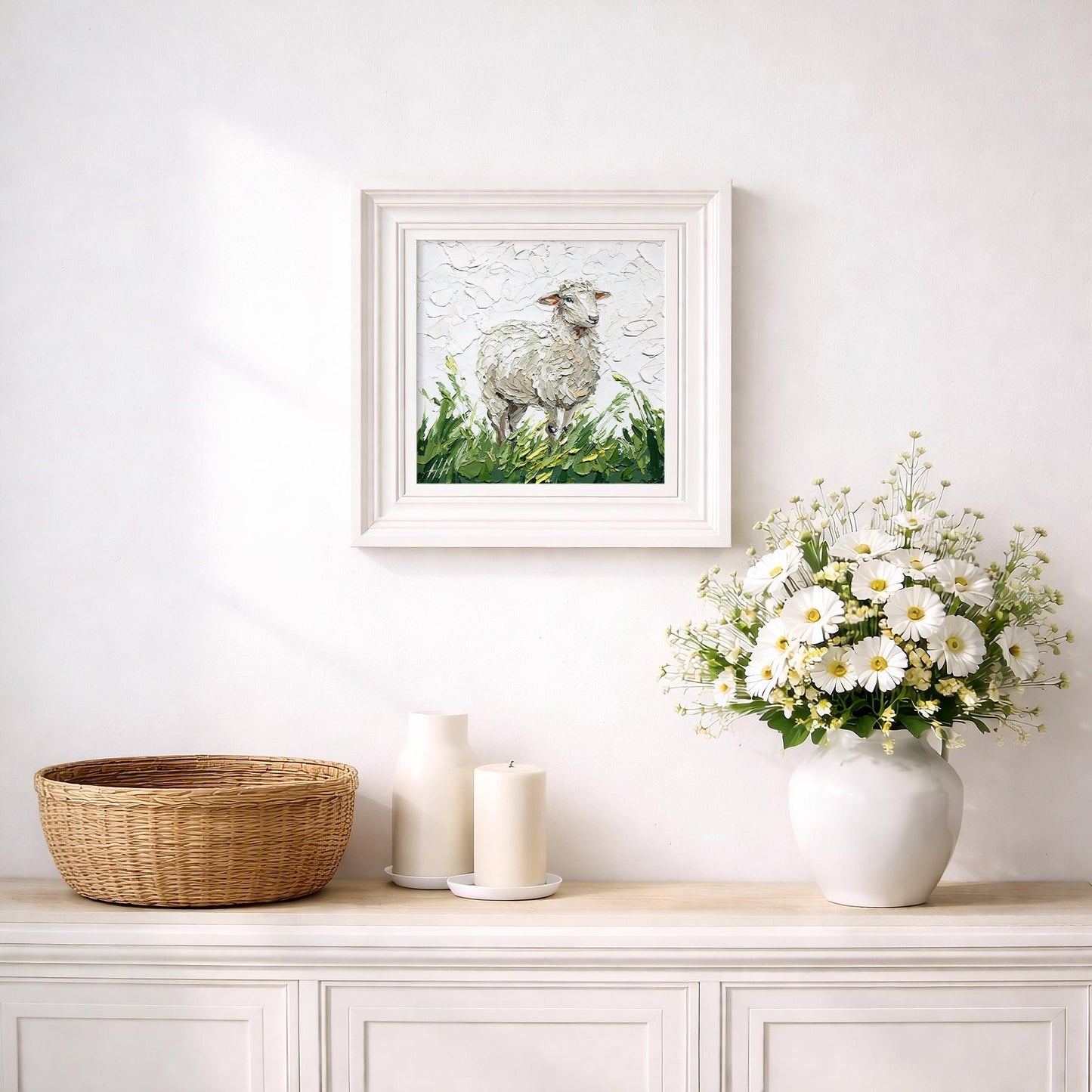 Sheep Oil painting, Original pastoral landscape: textured impasto palette knife farm animal art