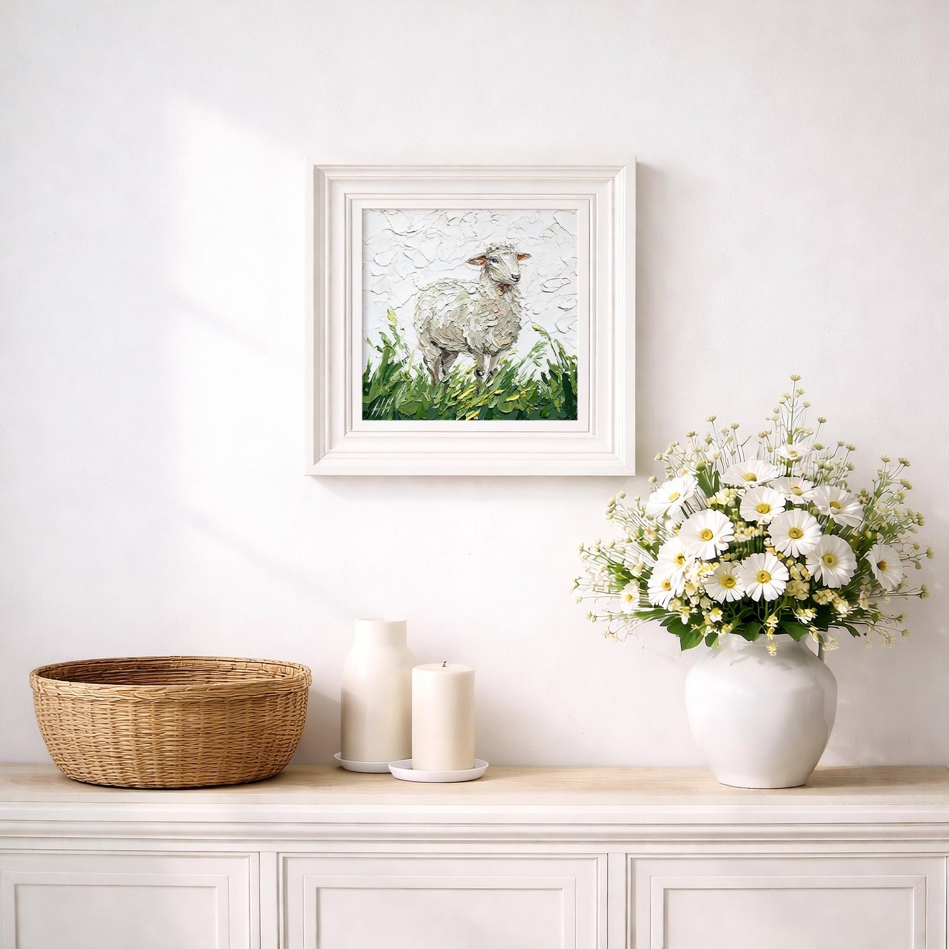 Sheep Oil painting, Original pastoral landscape: textured impasto palette knife farm animal art