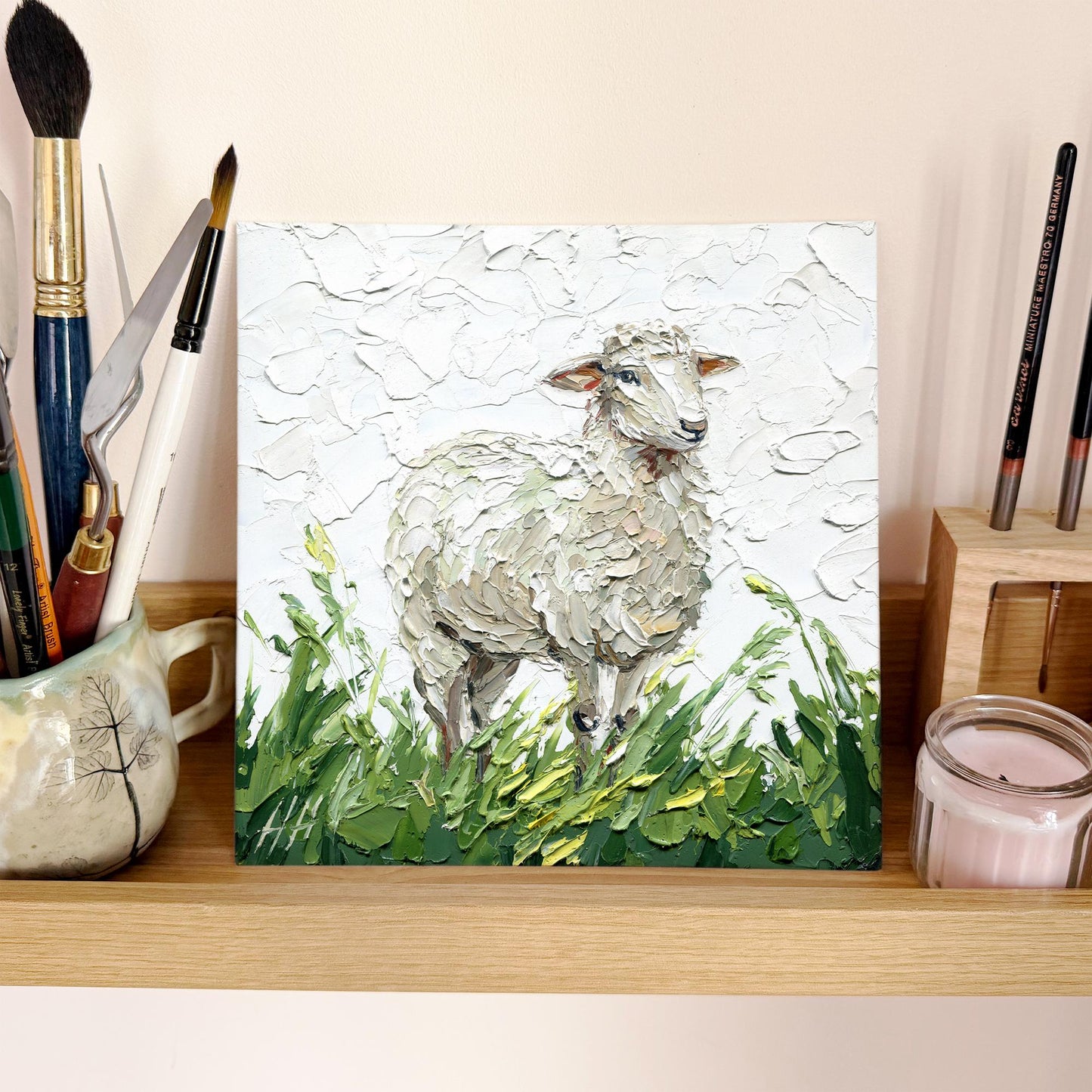 Sheep Oil painting, Original pastoral landscape: textured impasto palette knife farm animal art