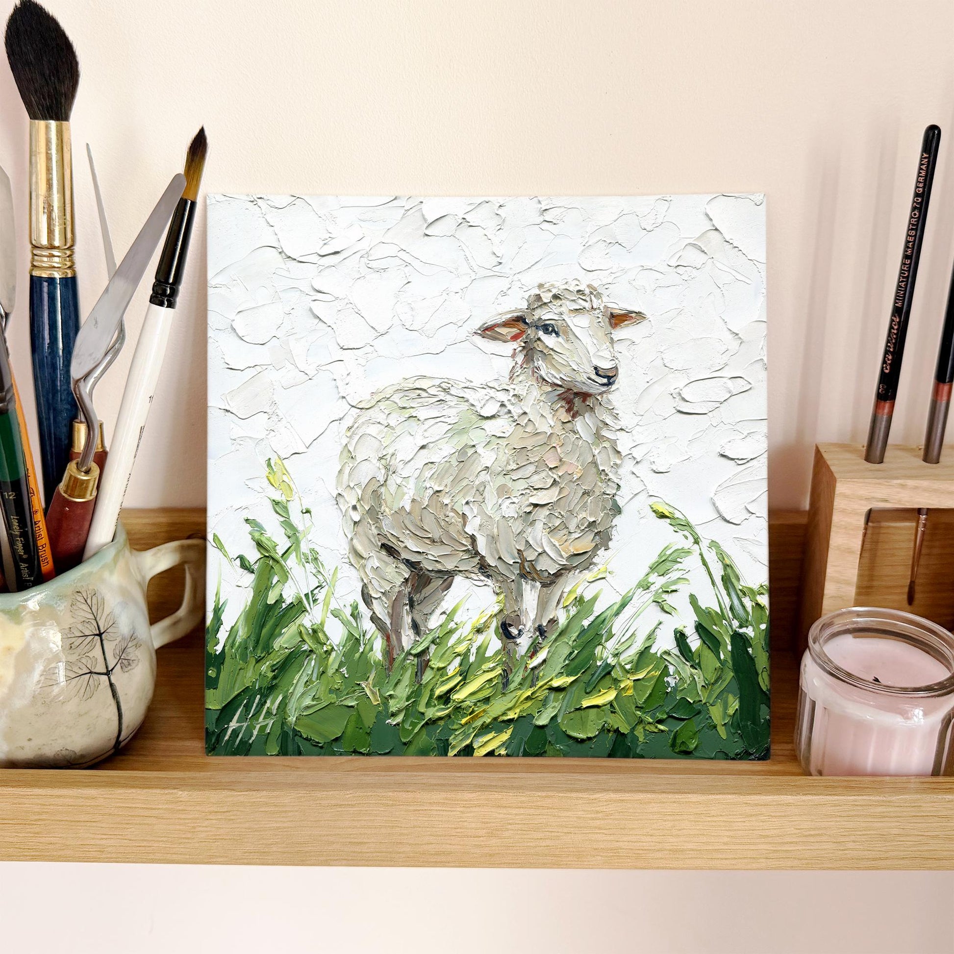 Sheep Oil painting, Original pastoral landscape: textured impasto palette knife farm animal art