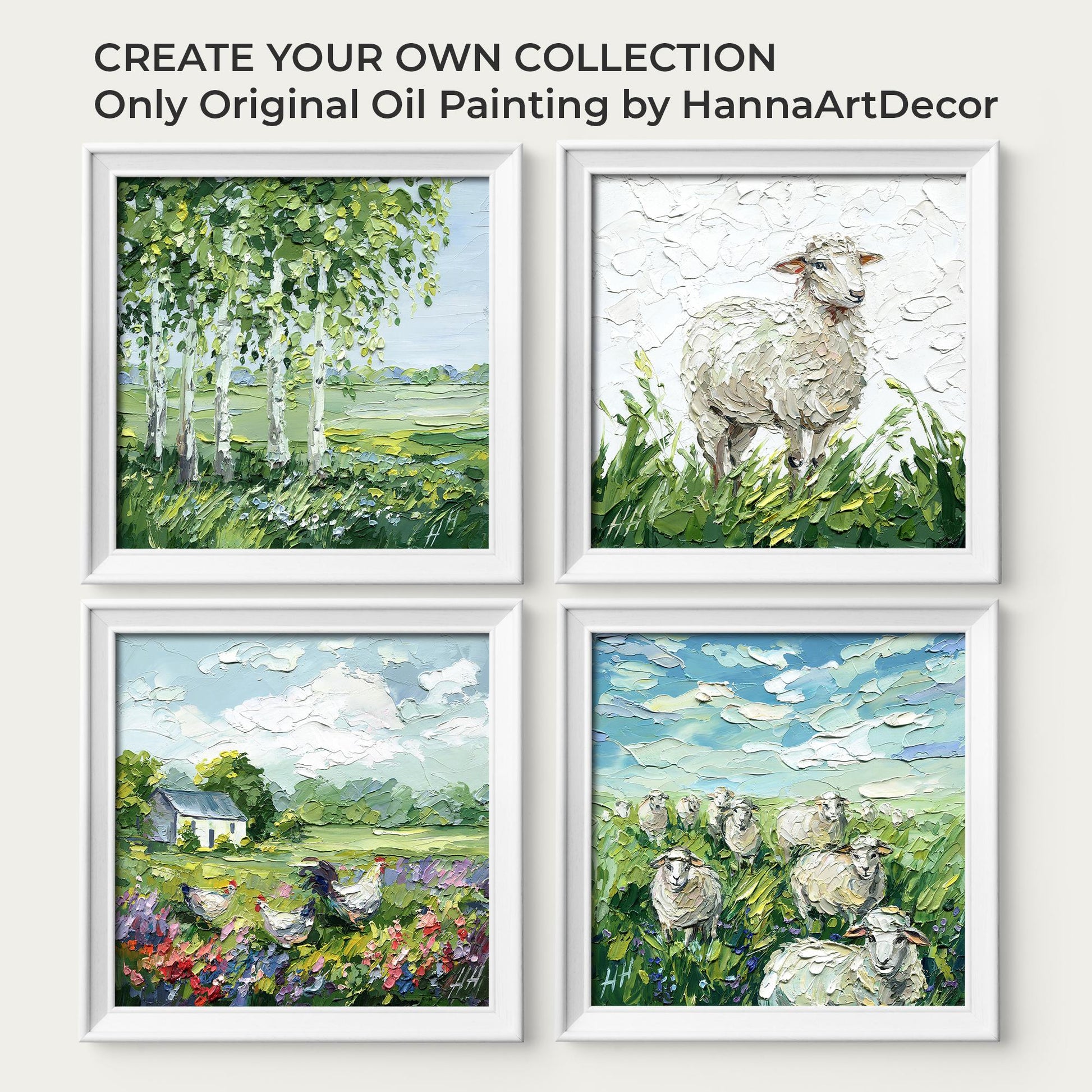 Sheep Oil painting, Original pastoral landscape: textured impasto palette knife farm animal art