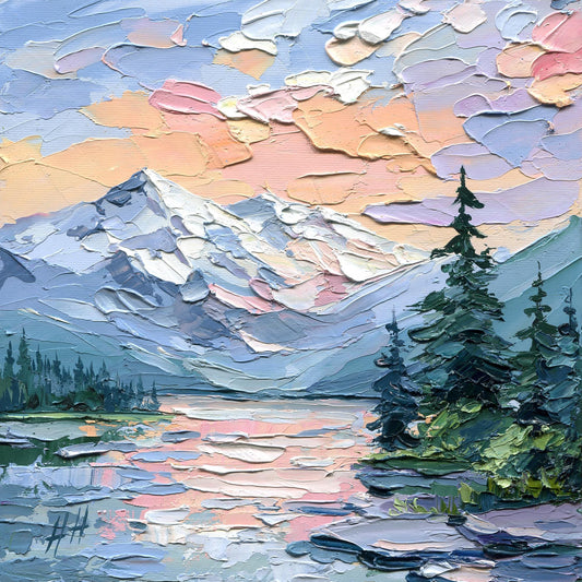 Original Oil Painting Mountain Lake at Sunset, Impasto Palette Knife Landscape, Nature Wall Art