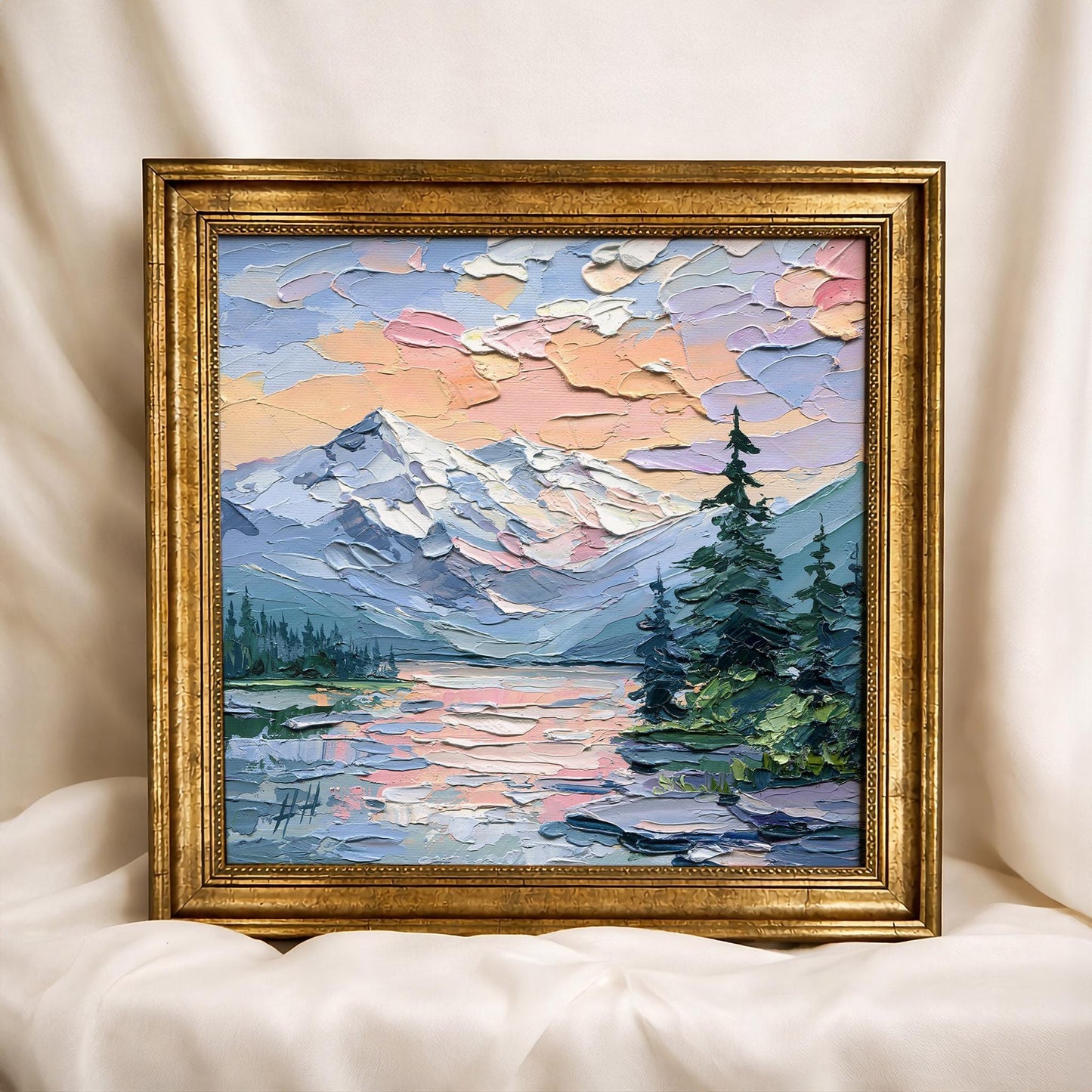 Original Oil Painting Mountain Lake at Sunset, Impasto Palette Knife Landscape, Nature Wall Art