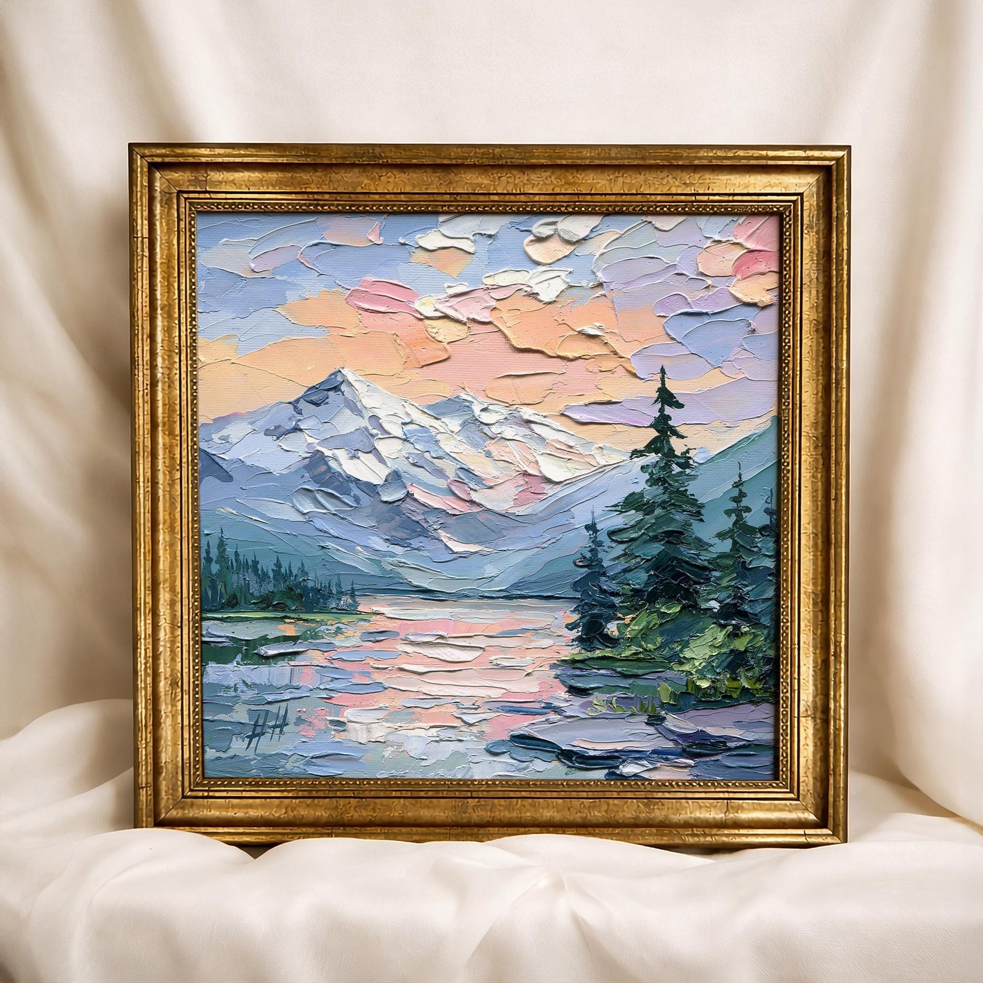 Original Oil Painting Mountain Lake at Sunset, Impasto Palette Knife Landscape, Nature Wall Art