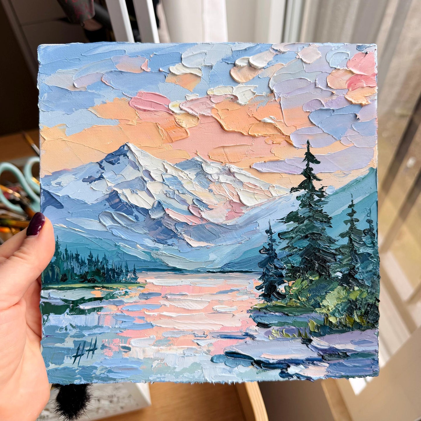Original Oil Painting Mountain Lake at Sunset, Impasto Palette Knife Landscape, Nature Wall Art