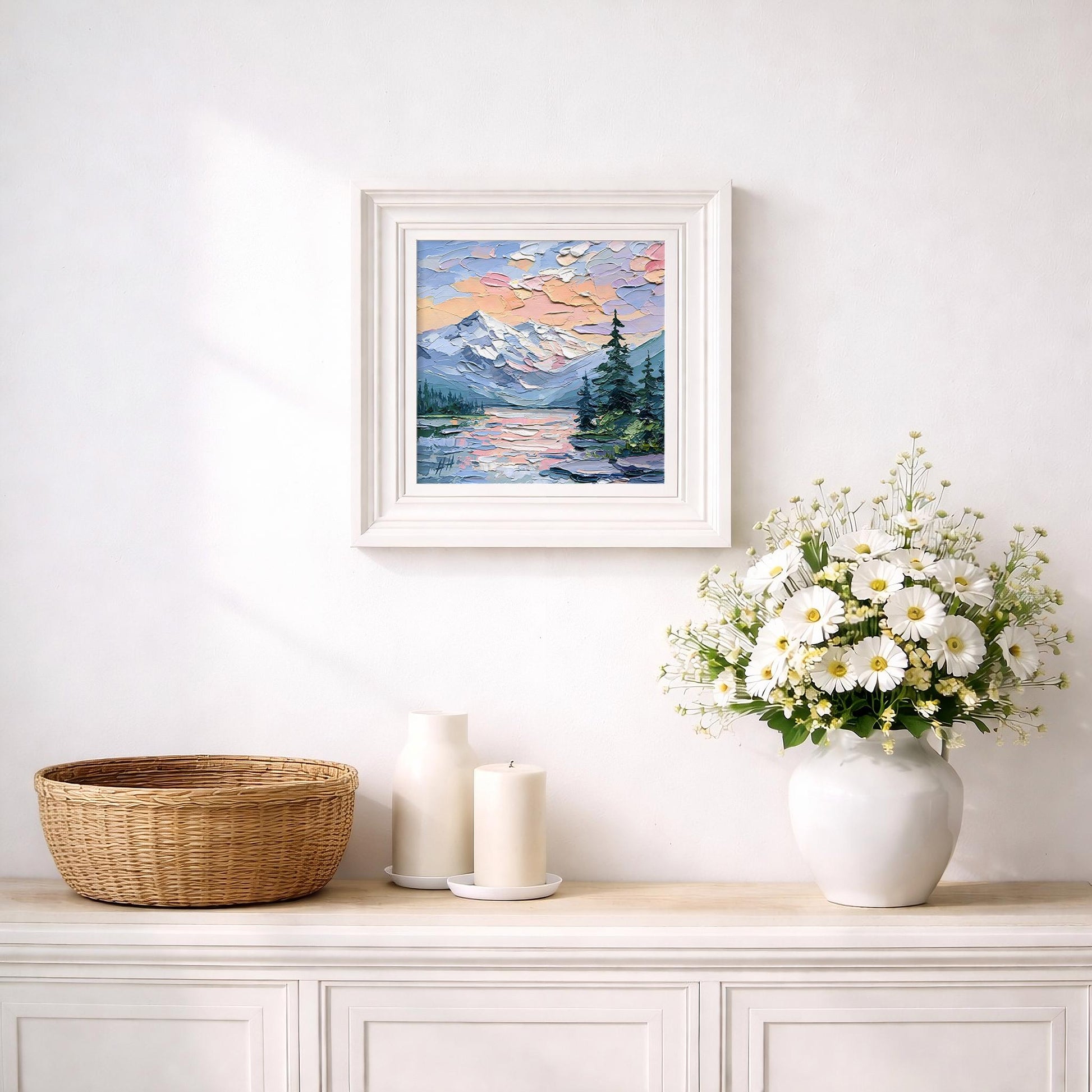 Original Oil Painting Mountain Lake at Sunset, Impasto Palette Knife Landscape, Nature Wall Art