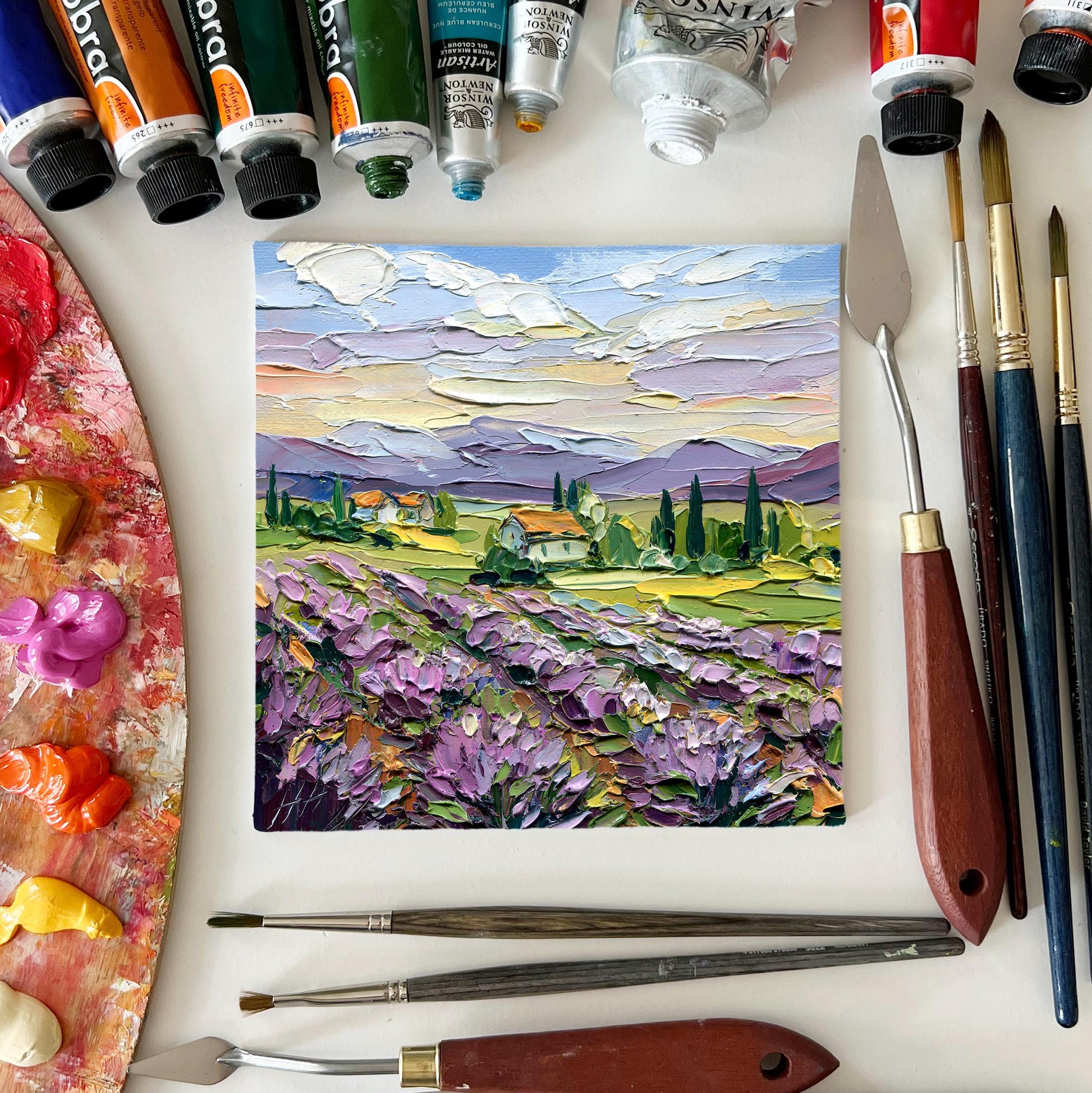 Original Lavender Oil Art, Field Landscape Painting, Impasto Palette Knife Provence, Cottage & Cypress