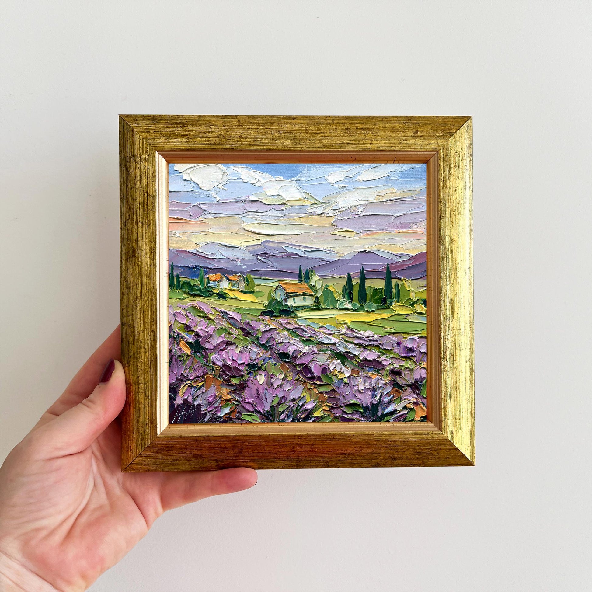 Original Lavender Oil Art, Field Landscape Painting, Impasto Palette Knife Provence, Cottage & Cypress