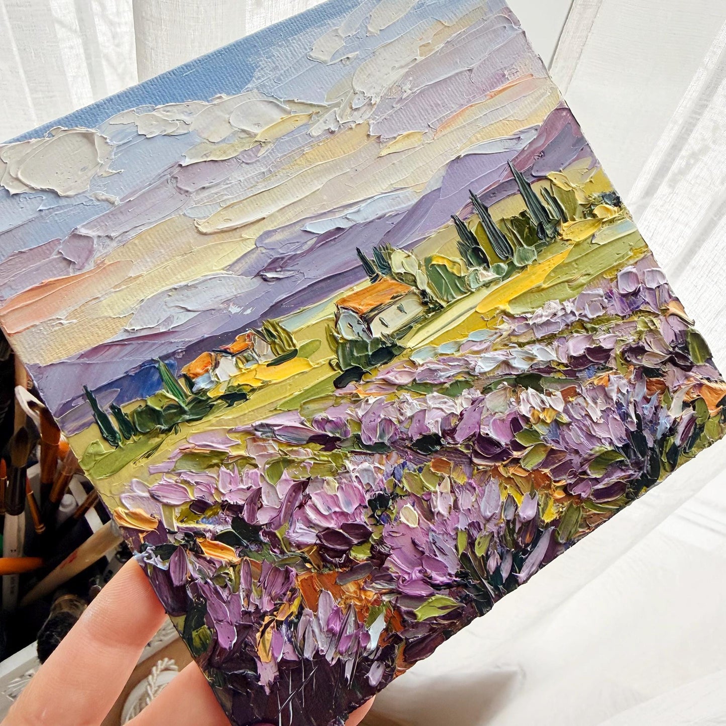 Original Lavender Oil Art, Field Landscape Painting, Impasto Palette Knife Provence, Cottage & Cypress
