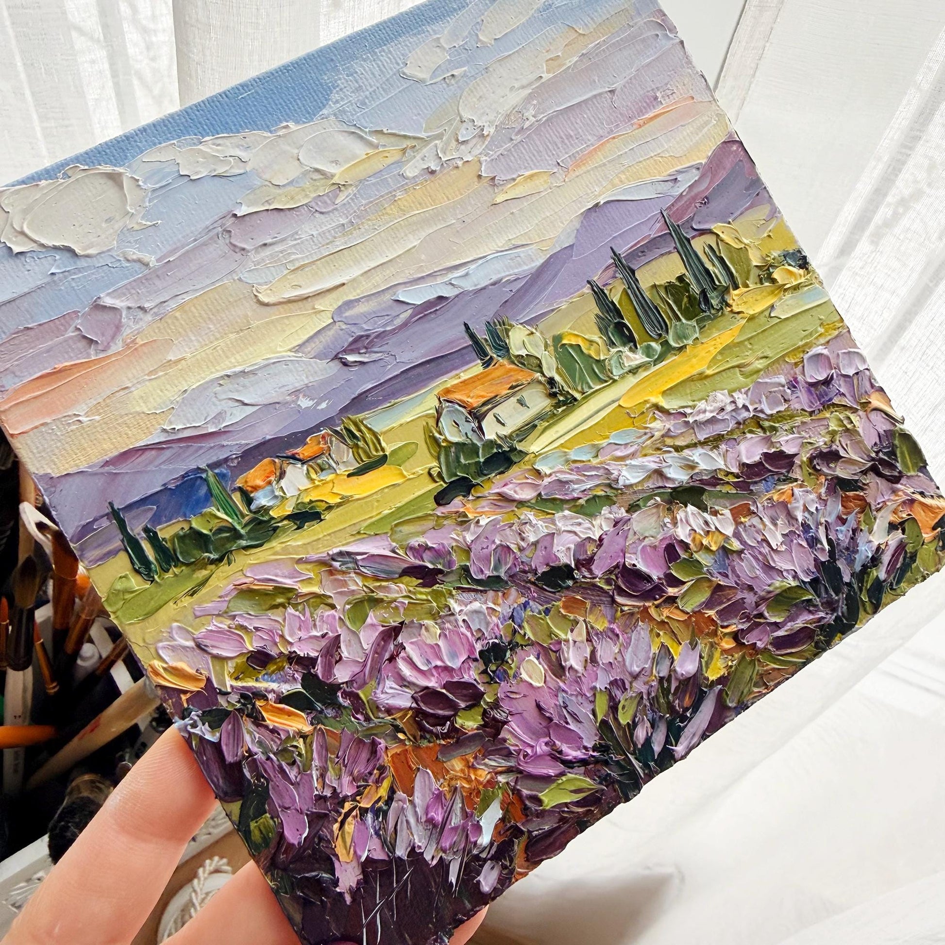 Original Lavender Oil Art, Field Landscape Painting, Impasto Palette Knife Provence, Cottage & Cypress
