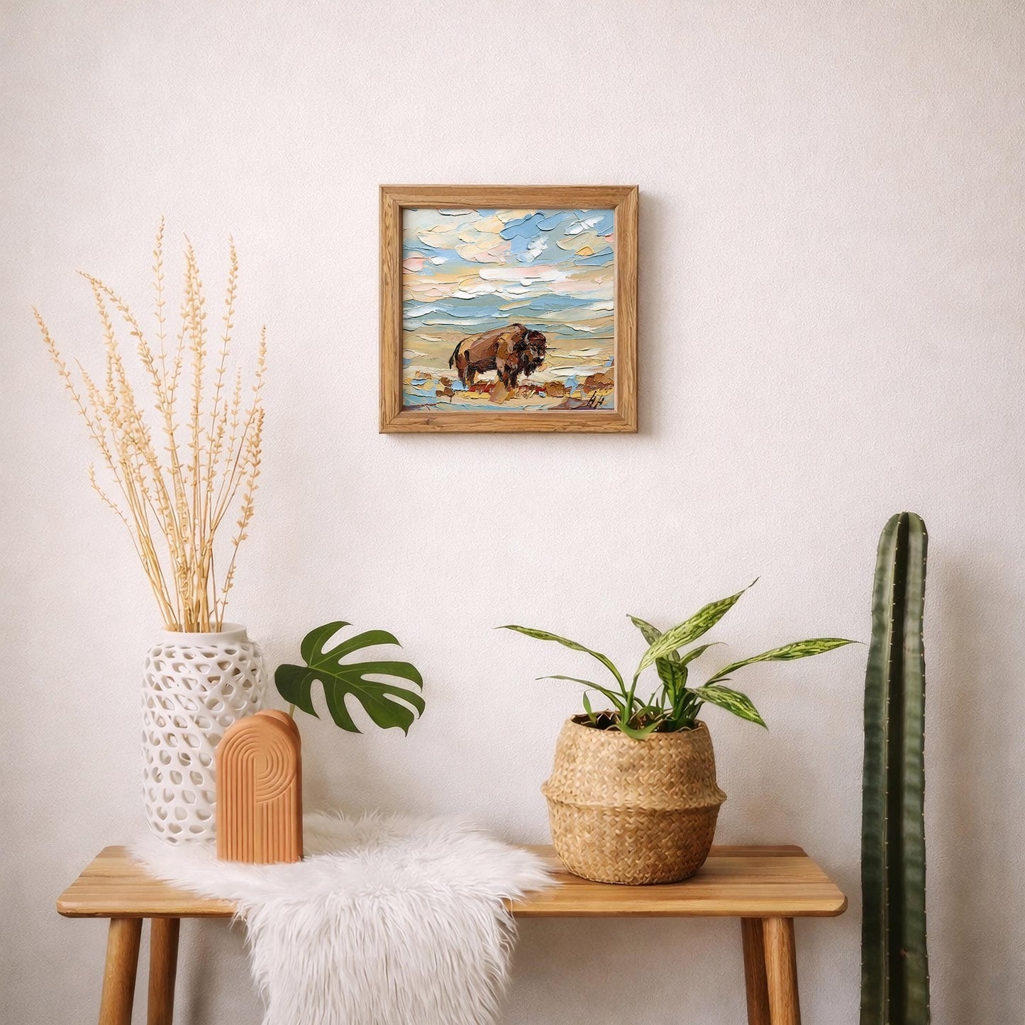 Original Bison Oil Painting Arizona Desert Landscape Impasto Palette Knife Fine Art