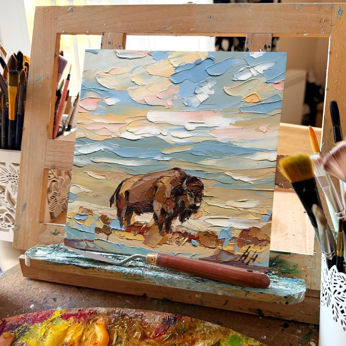 Original Bison Oil Painting Arizona Desert Landscape Impasto Palette Knife Fine Art