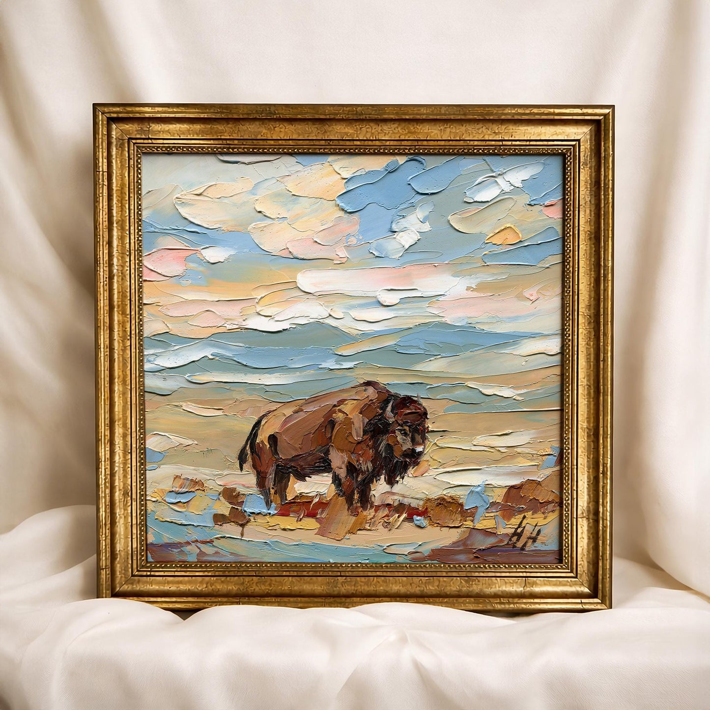 Original Bison Oil Painting Arizona Desert Landscape Impasto Palette Knife Fine Art