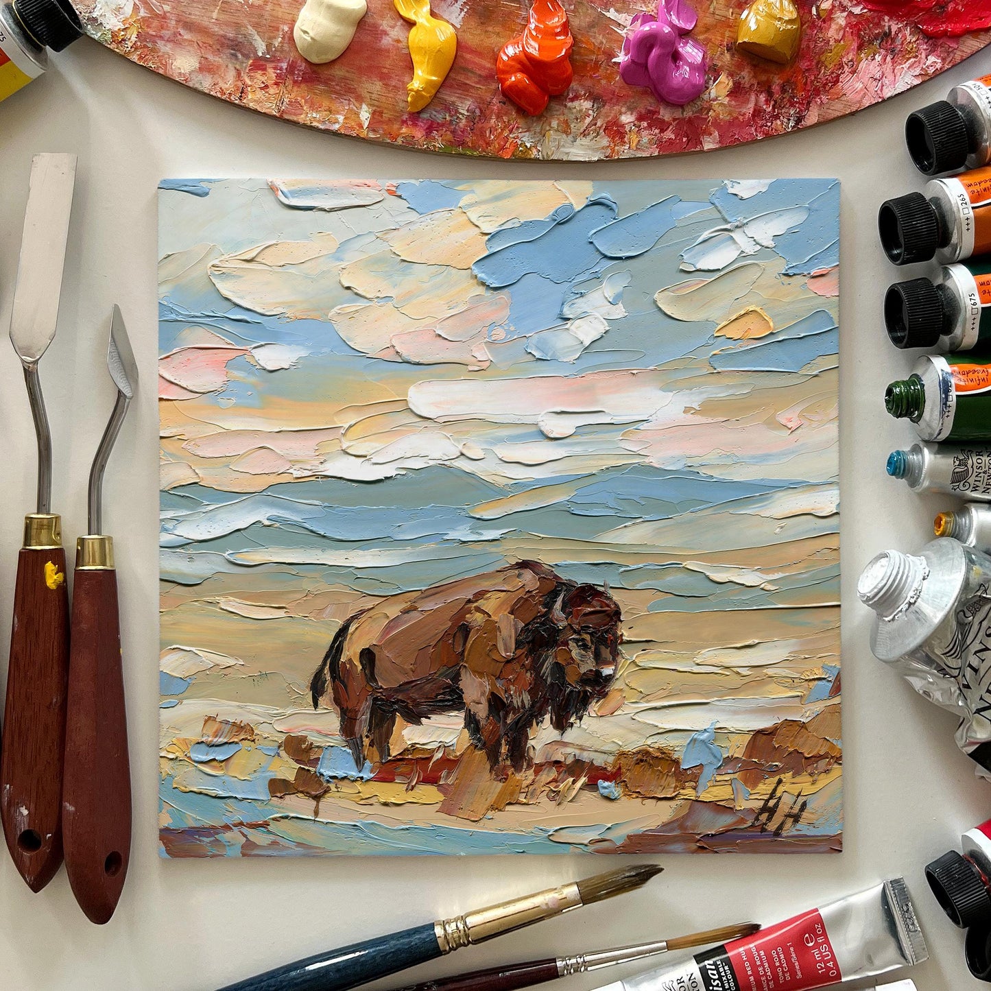 Original Bison Oil Painting Arizona Desert Landscape Impasto Palette Knife Fine Art