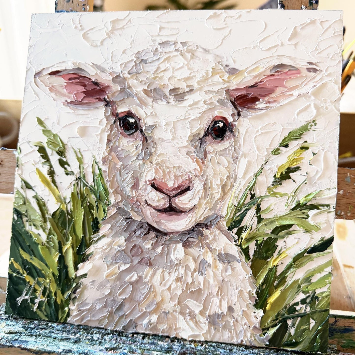 Original Lamb Oil Painting, Textured Sheep Art, Palette Knife Farm Animal Painting