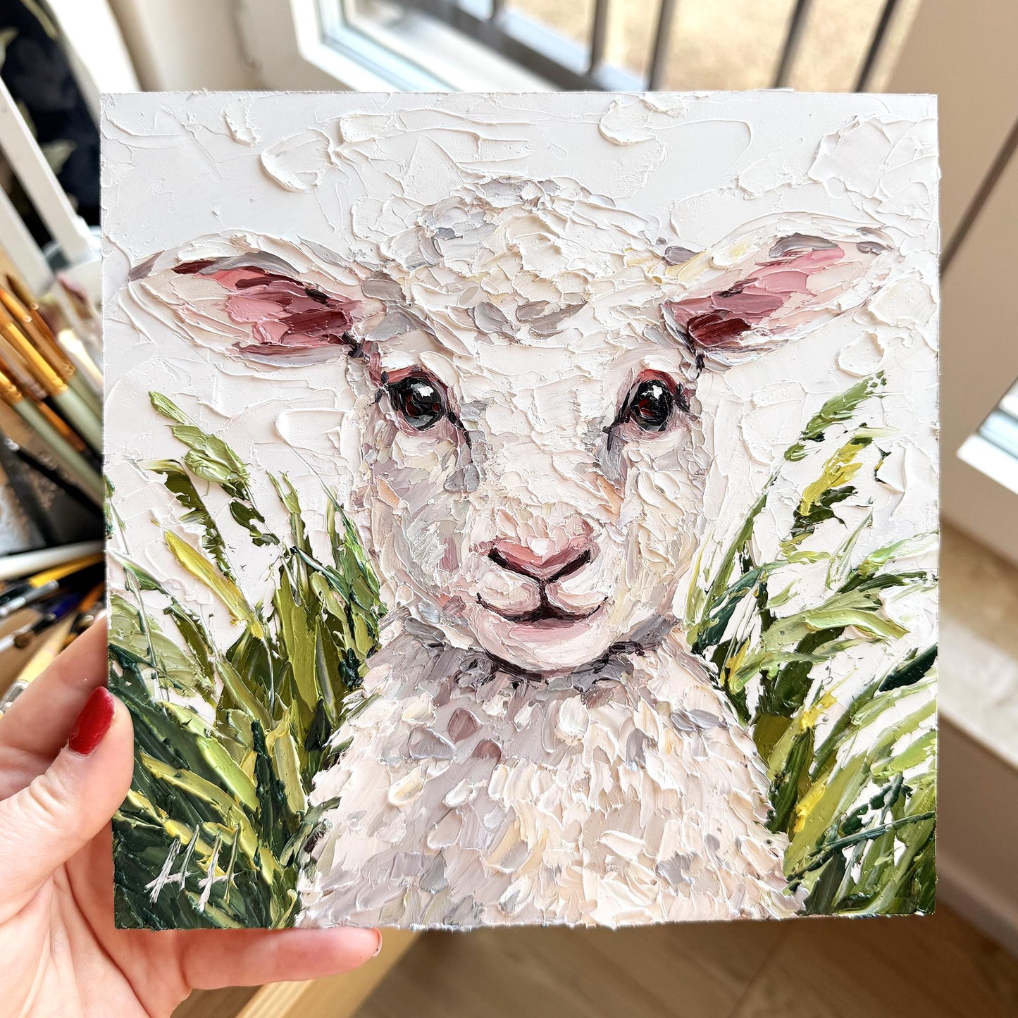 Original Lamb Oil Painting, Textured Sheep Art, Palette Knife Farm Animal Painting