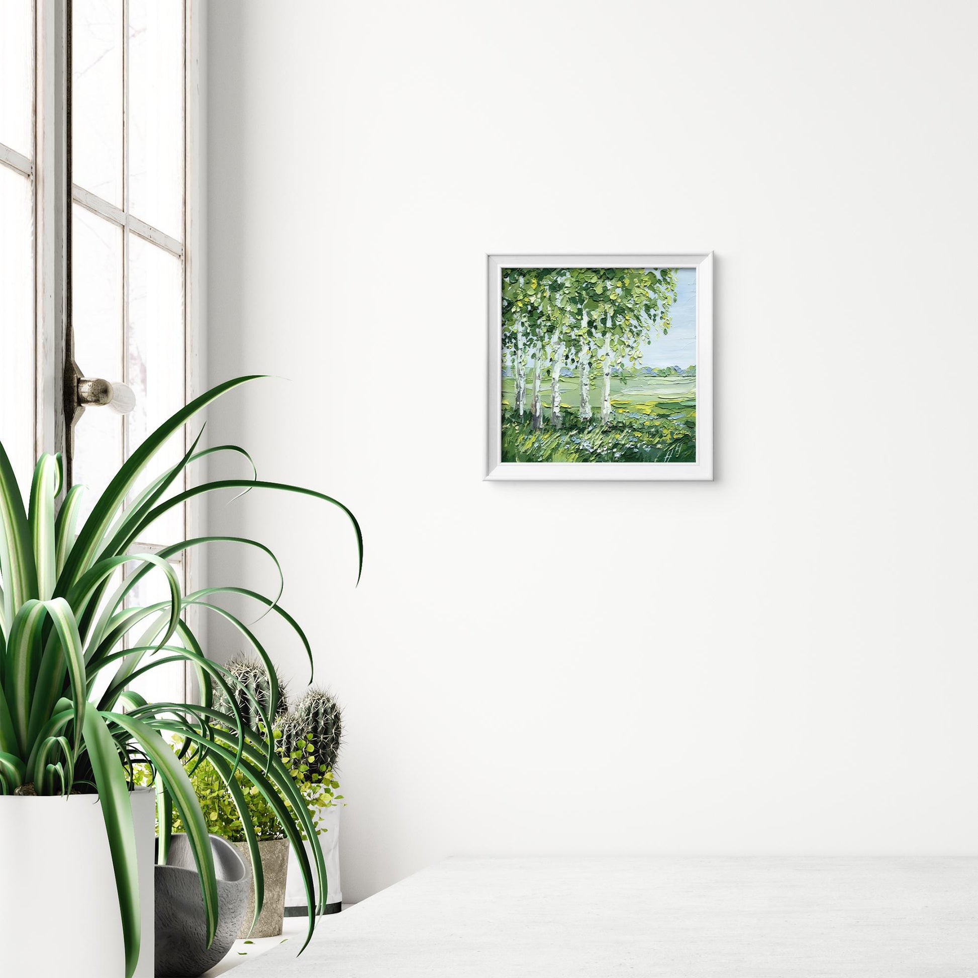 Birch Trees Landscape Original Impasto Oil Painting, Palette Knife Texture, Green Meadow Wall Art