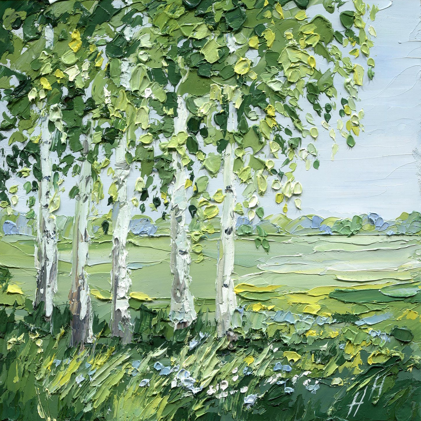 Birch Trees Landscape Original Impasto Oil Painting, Palette Knife Texture, Green Meadow Wall Art