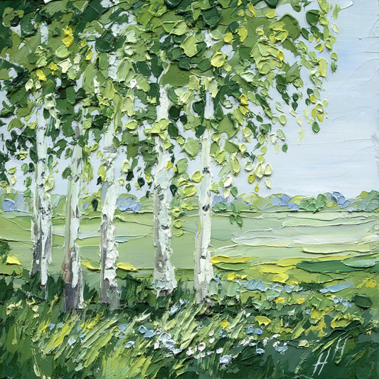 Birch Trees Landscape Original Impasto Oil Painting, Palette Knife Texture, Green Meadow Wall Art