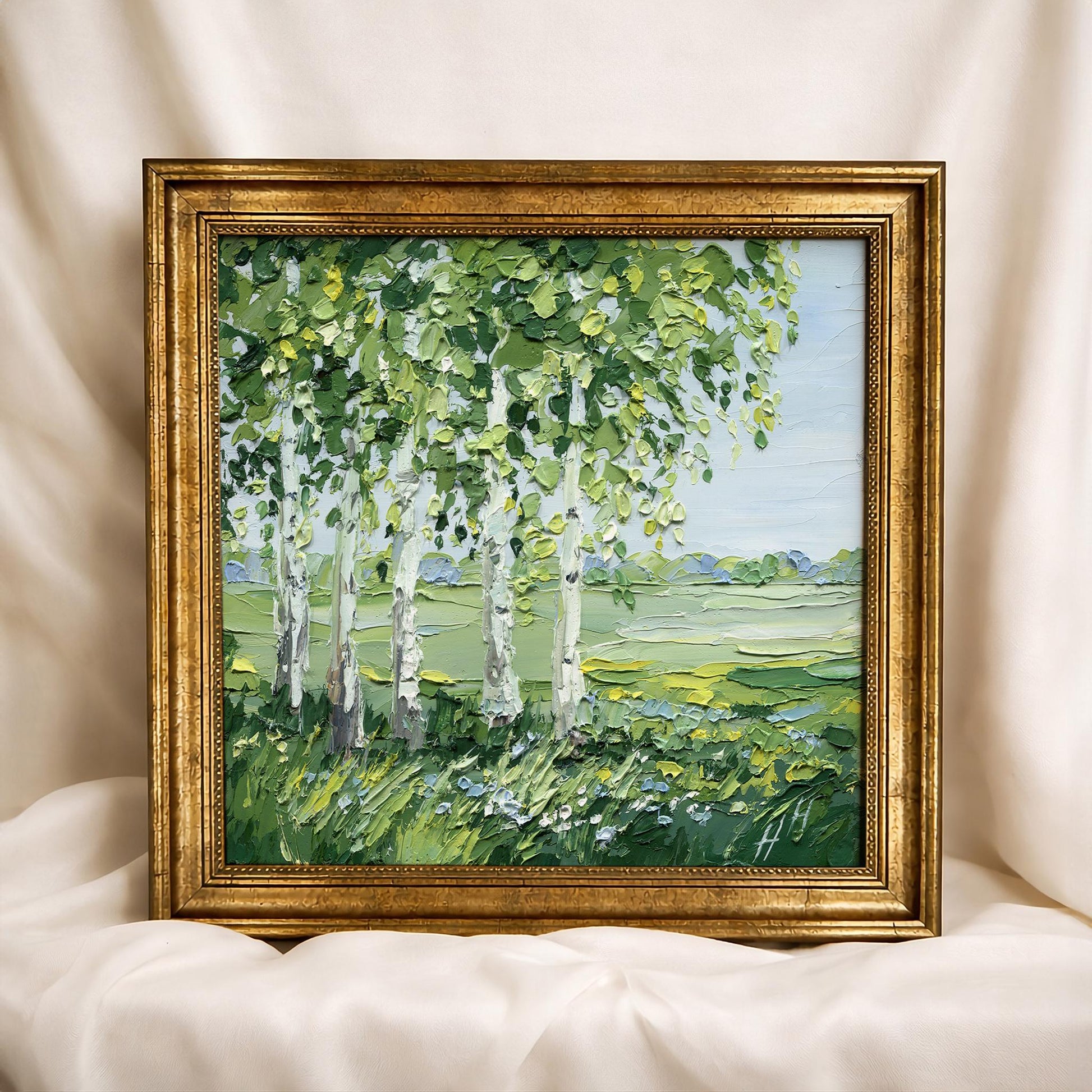 Birch Trees Landscape Original Impasto Oil Painting, Palette Knife Texture, Green Meadow Wall Art