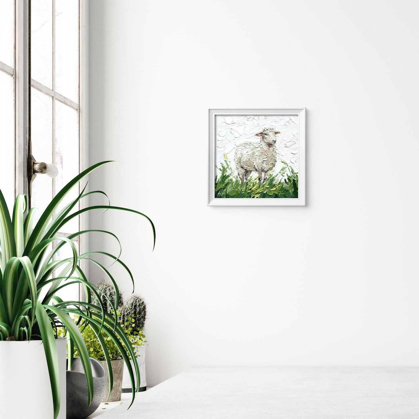 Sheep Oil painting, Original pastoral landscape: textured impasto palette knife farm animal art