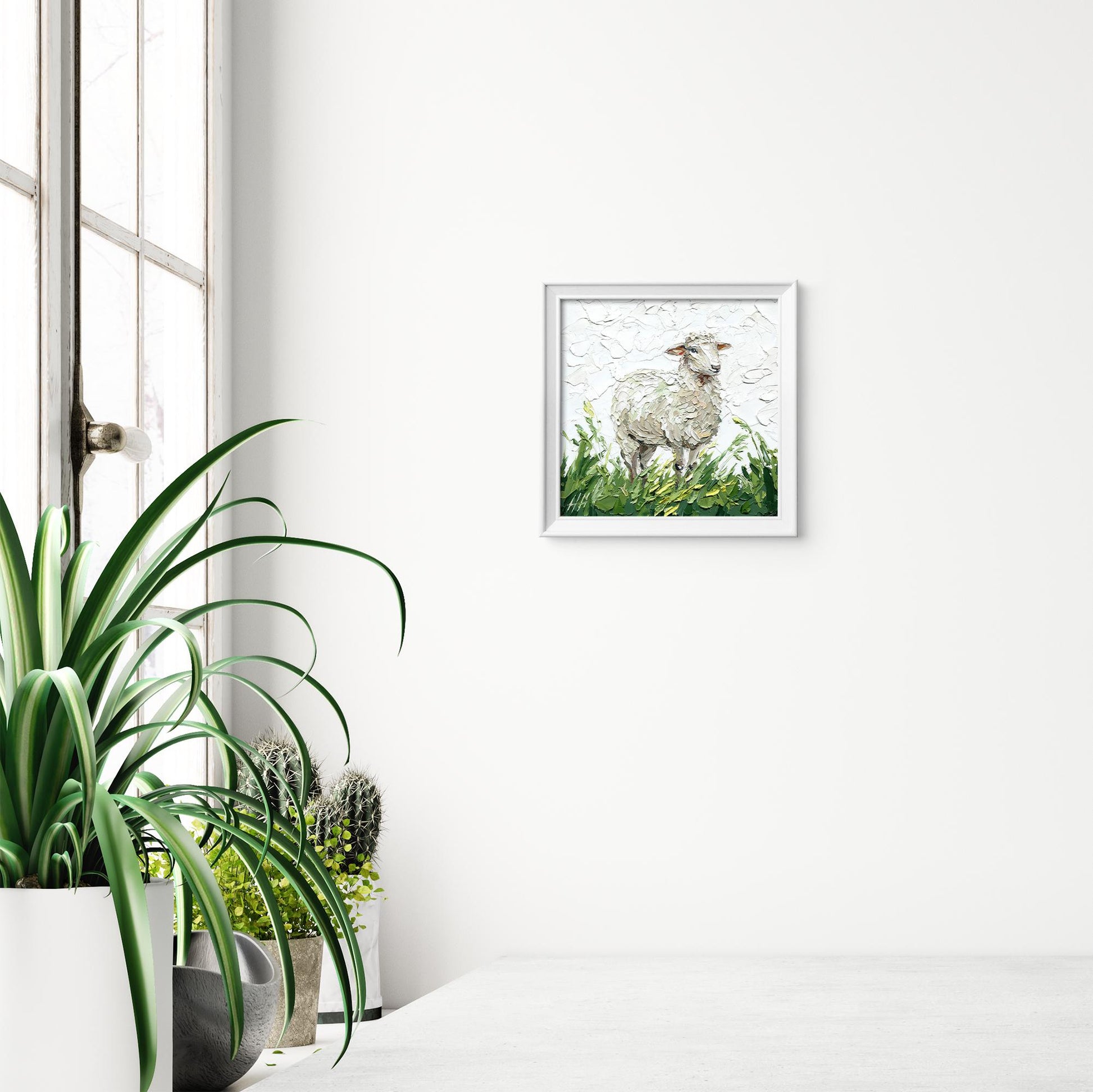 Sheep Oil painting, Original pastoral landscape: textured impasto palette knife farm animal art