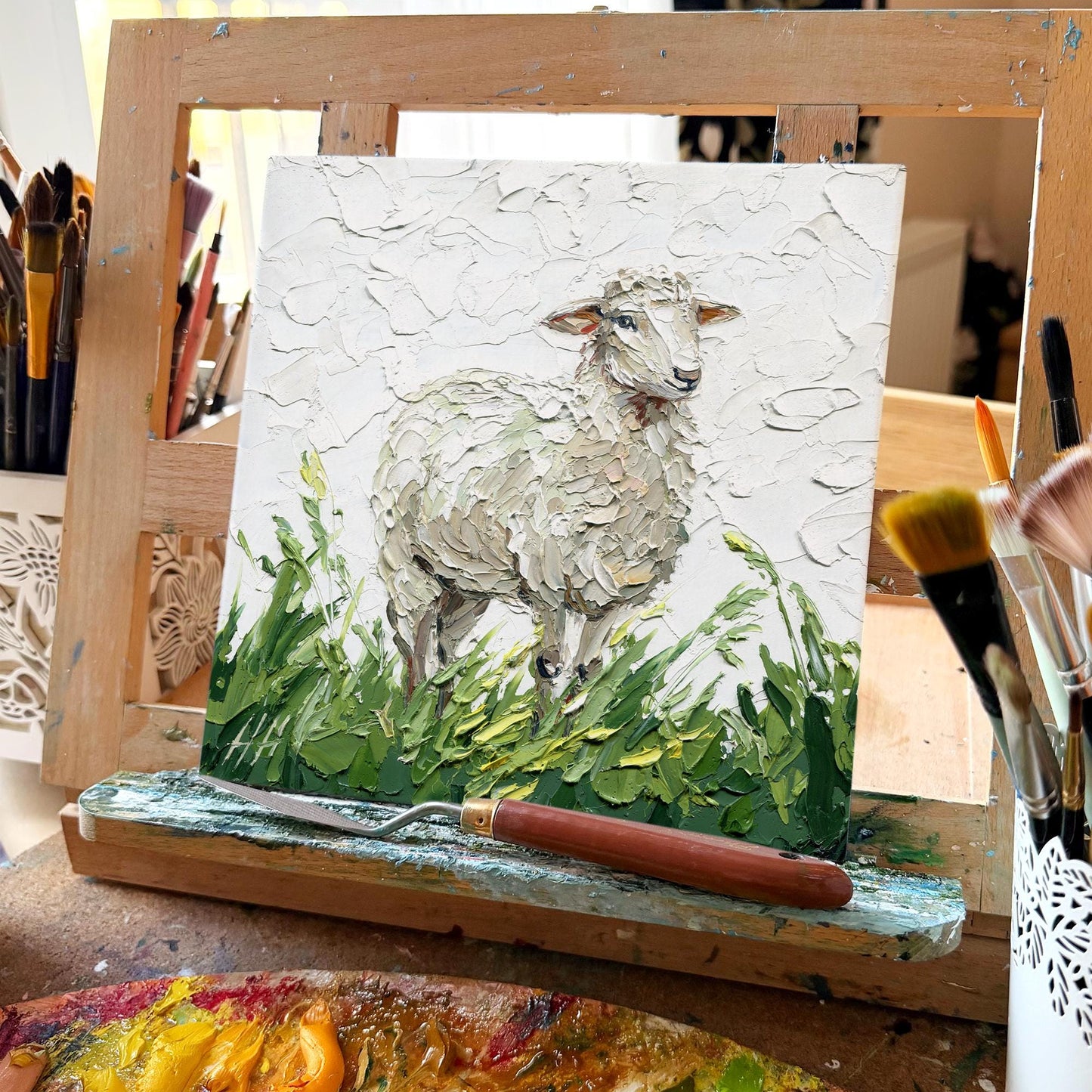 Sheep Oil painting, Original pastoral landscape: textured impasto palette knife farm animal art