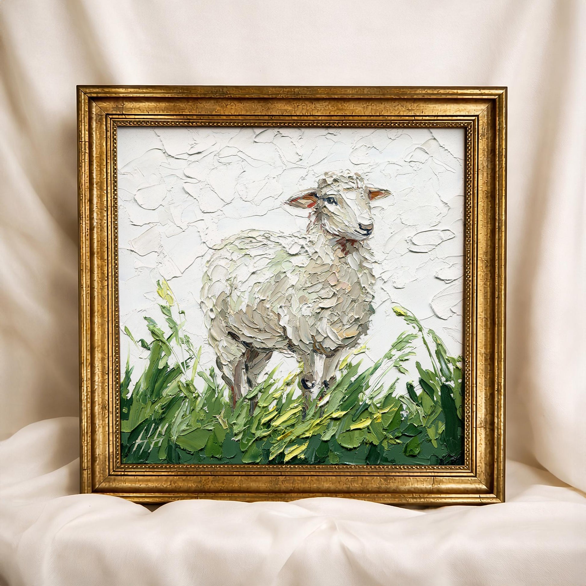Sheep Oil painting, Original pastoral landscape: textured impasto palette knife farm animal art